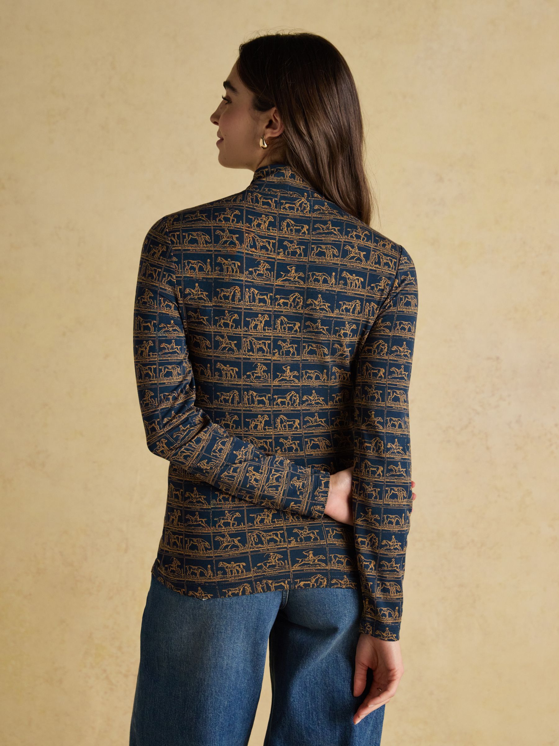 Navy Horse Print Long Sleeve High Neck Jersey Top - Image 5 of 11