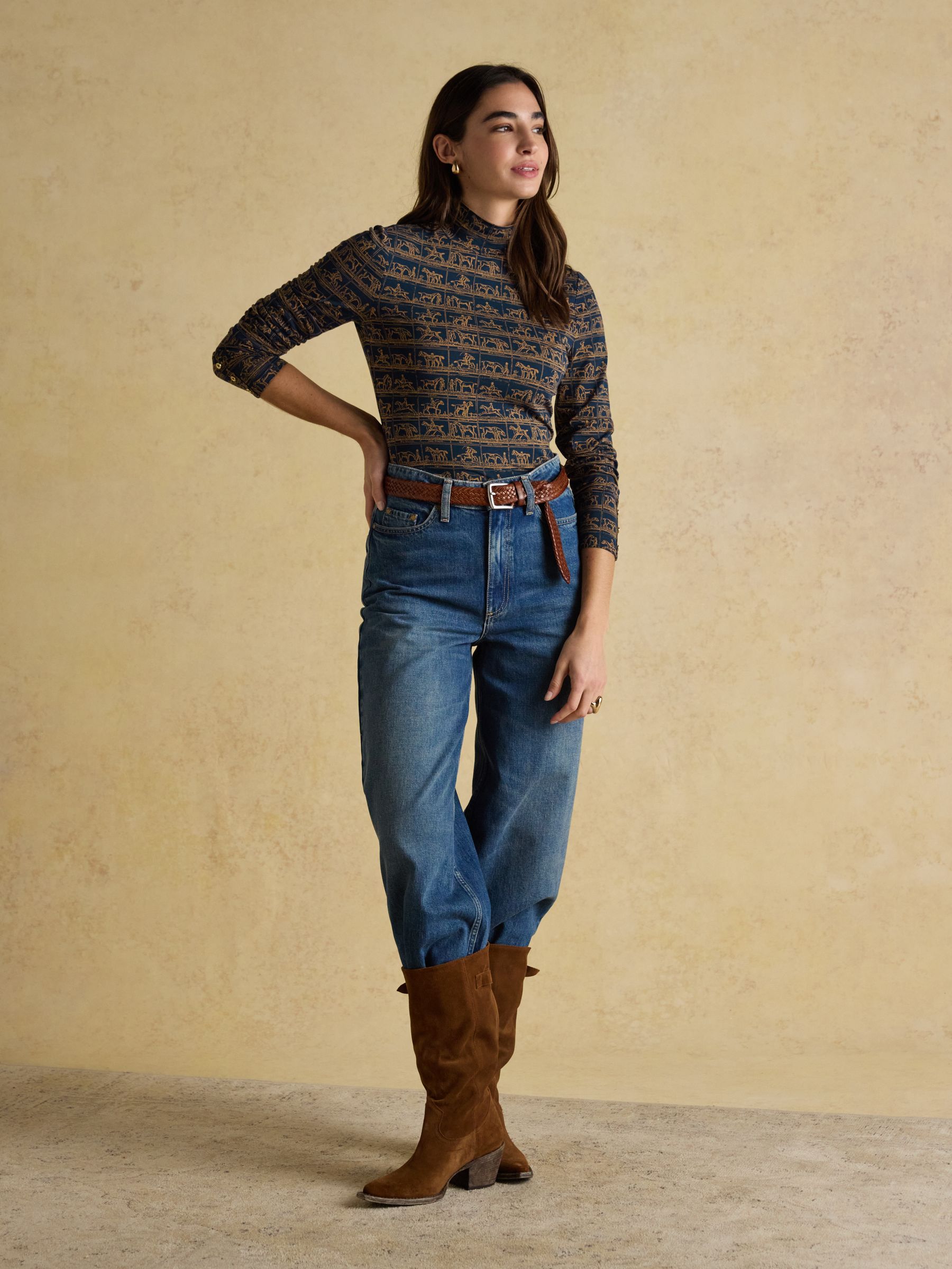 Navy Horse Print Long Sleeve High Neck Jersey Top - Image 6 of 11