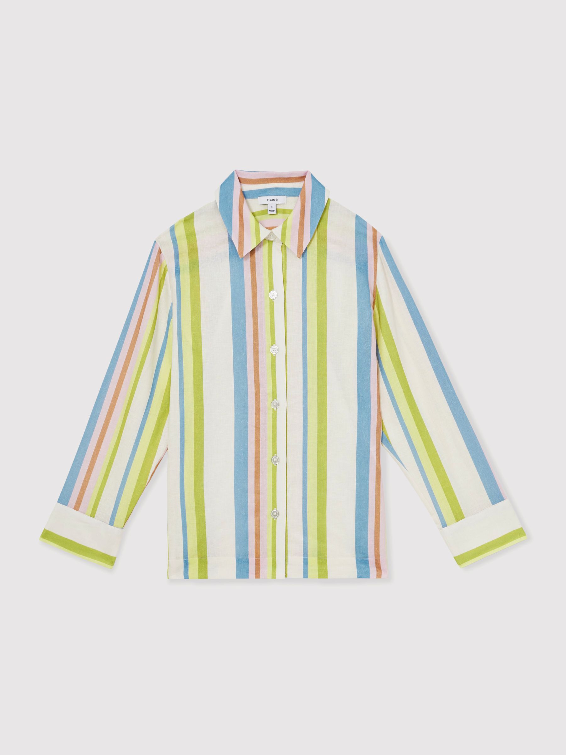 Linen-Blend Stripe Long-Sleeve Shirt in Green/Blue - Image 2 of 6