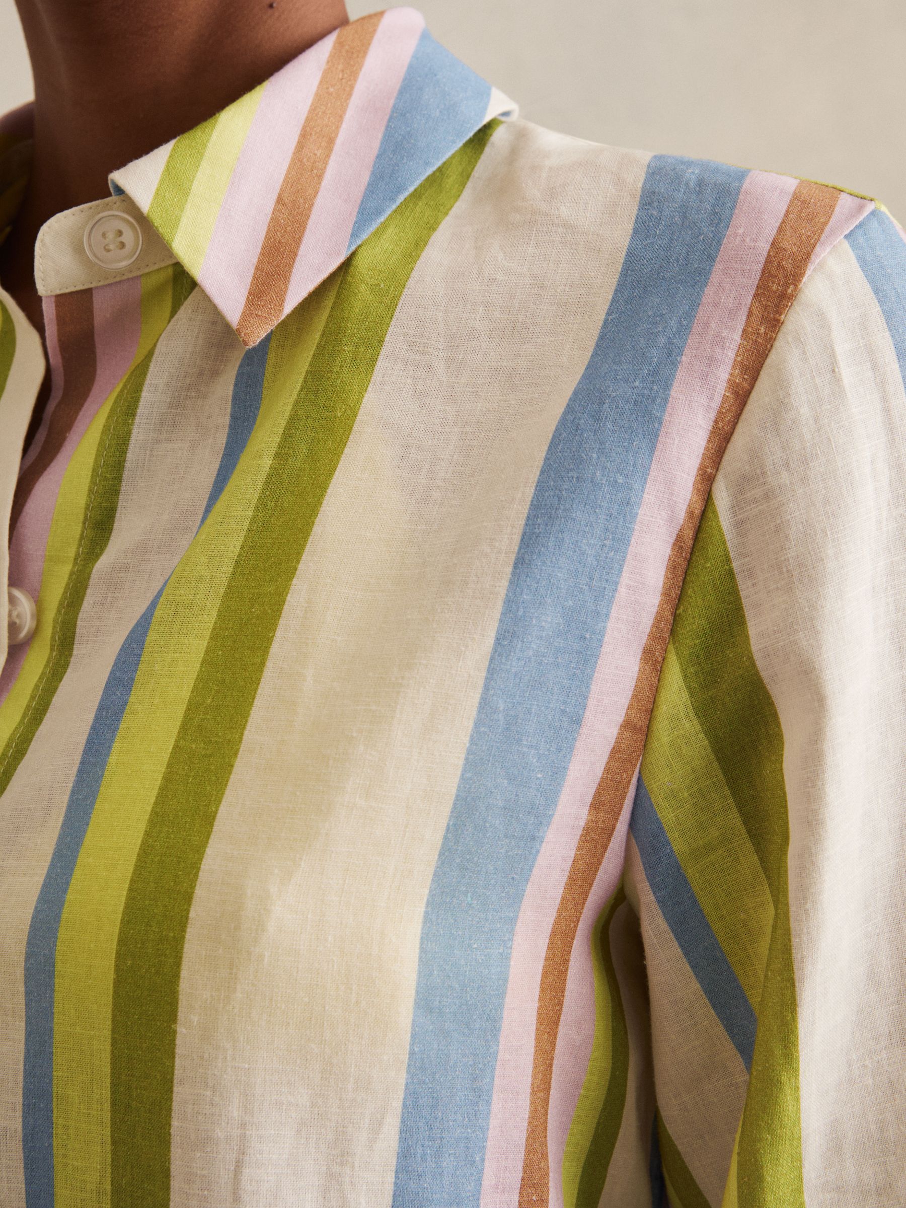 Linen-Blend Stripe Long-Sleeve Shirt in Green/Blue - Image 3 of 6
