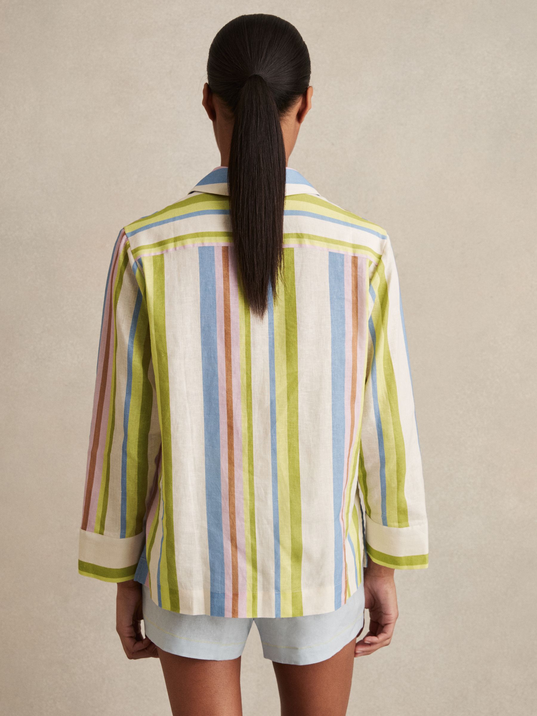 Linen-Blend Stripe Long-Sleeve Shirt in Green/Blue - image 5