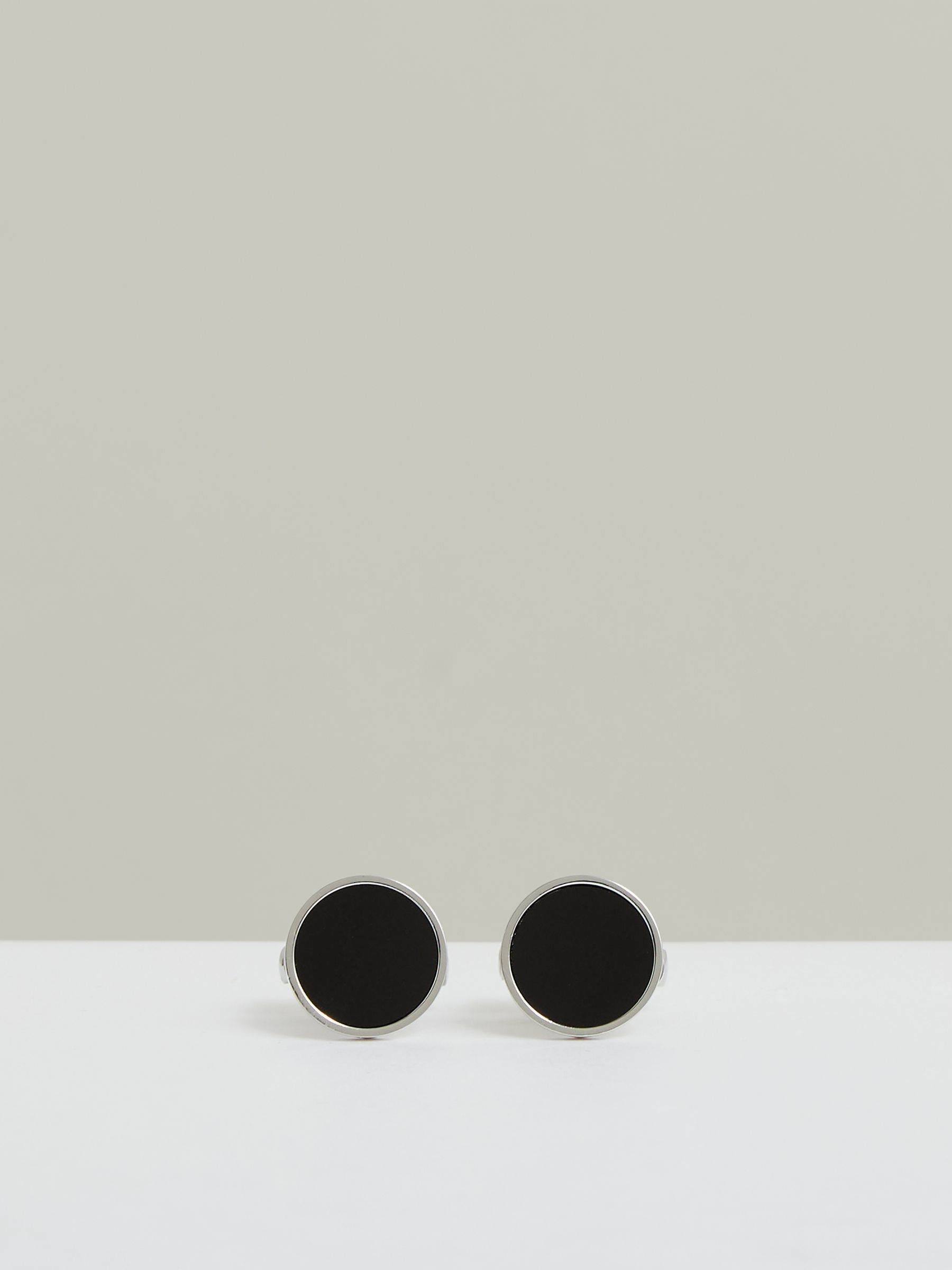 Inlaid Round Cufflinks in Silver Tone/Onyx - Image 1 of 5