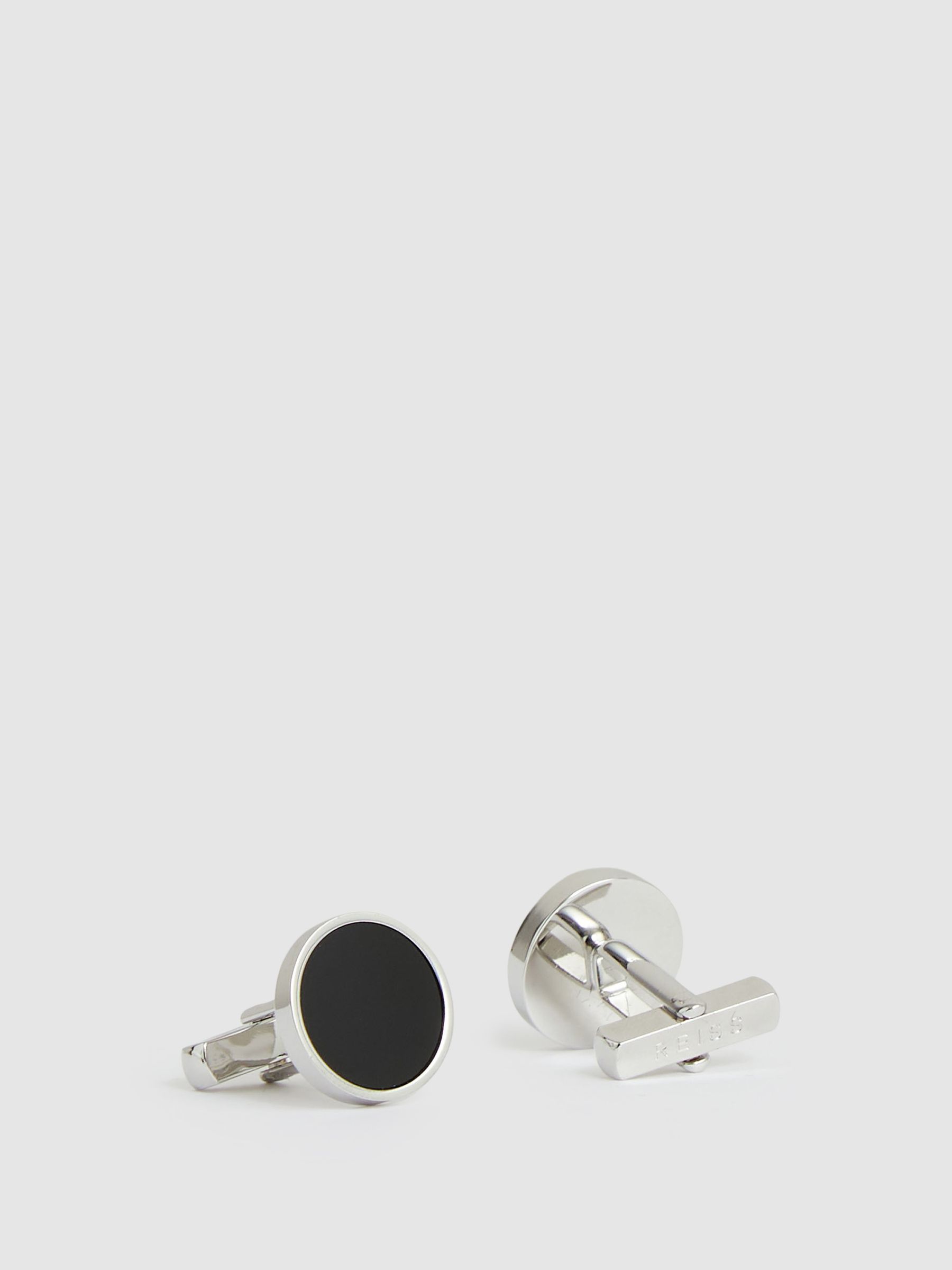 Inlaid Round Cufflinks in Silver Tone/Onyx - image 2