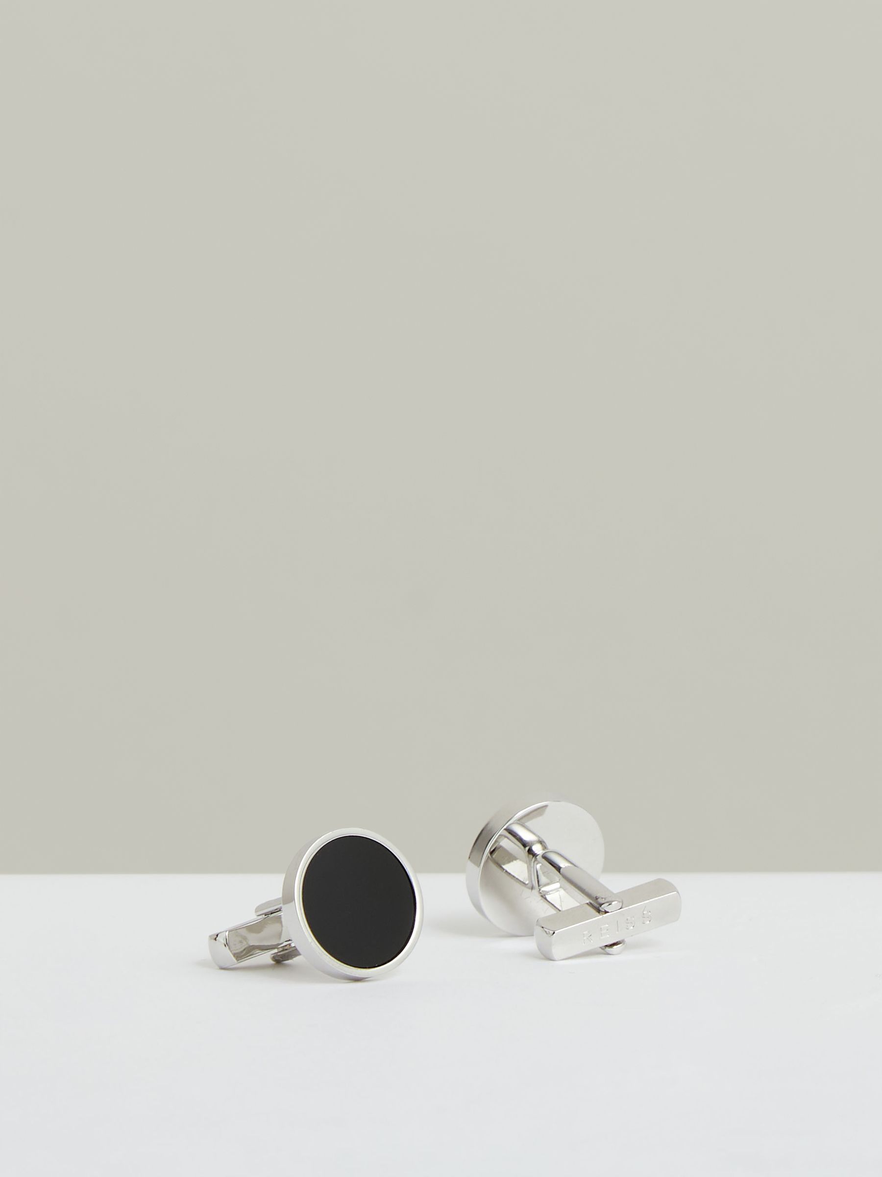 Inlaid Round Cufflinks in Silver Tone/Onyx - Image 3 of 5
