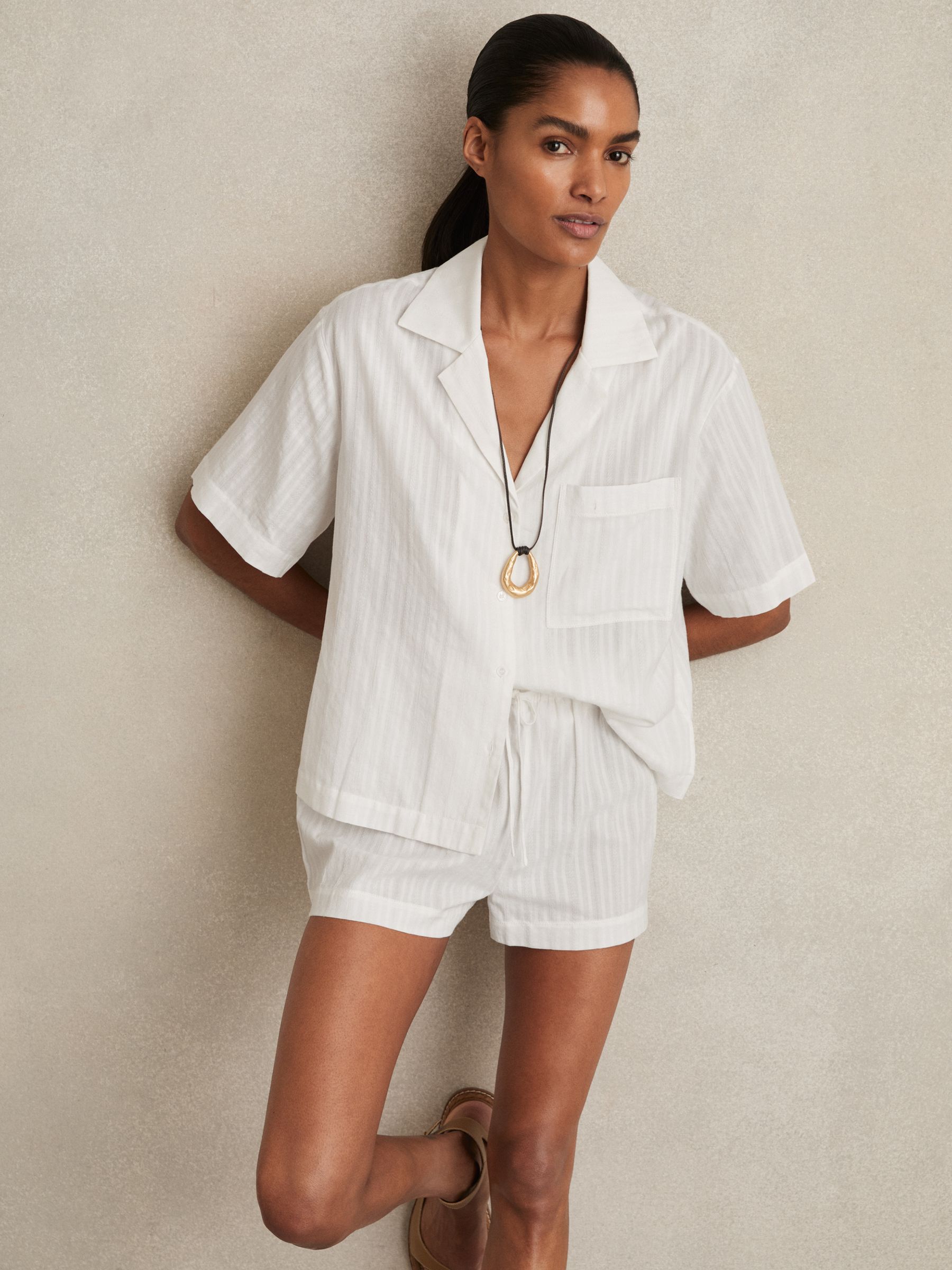 Cotton Pointelle Shirt and Shorts Set in White - Image 1 of 8