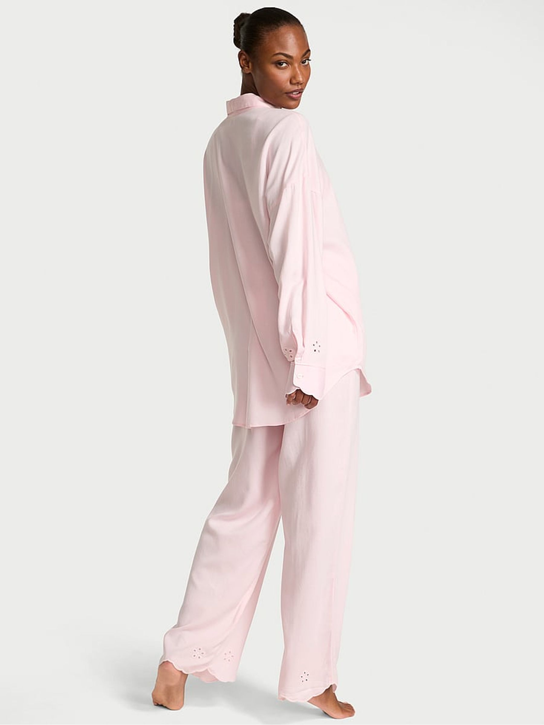 Angel Pink Eyelet Cotton Modal Long Pyjama Set - Image 2 of 2