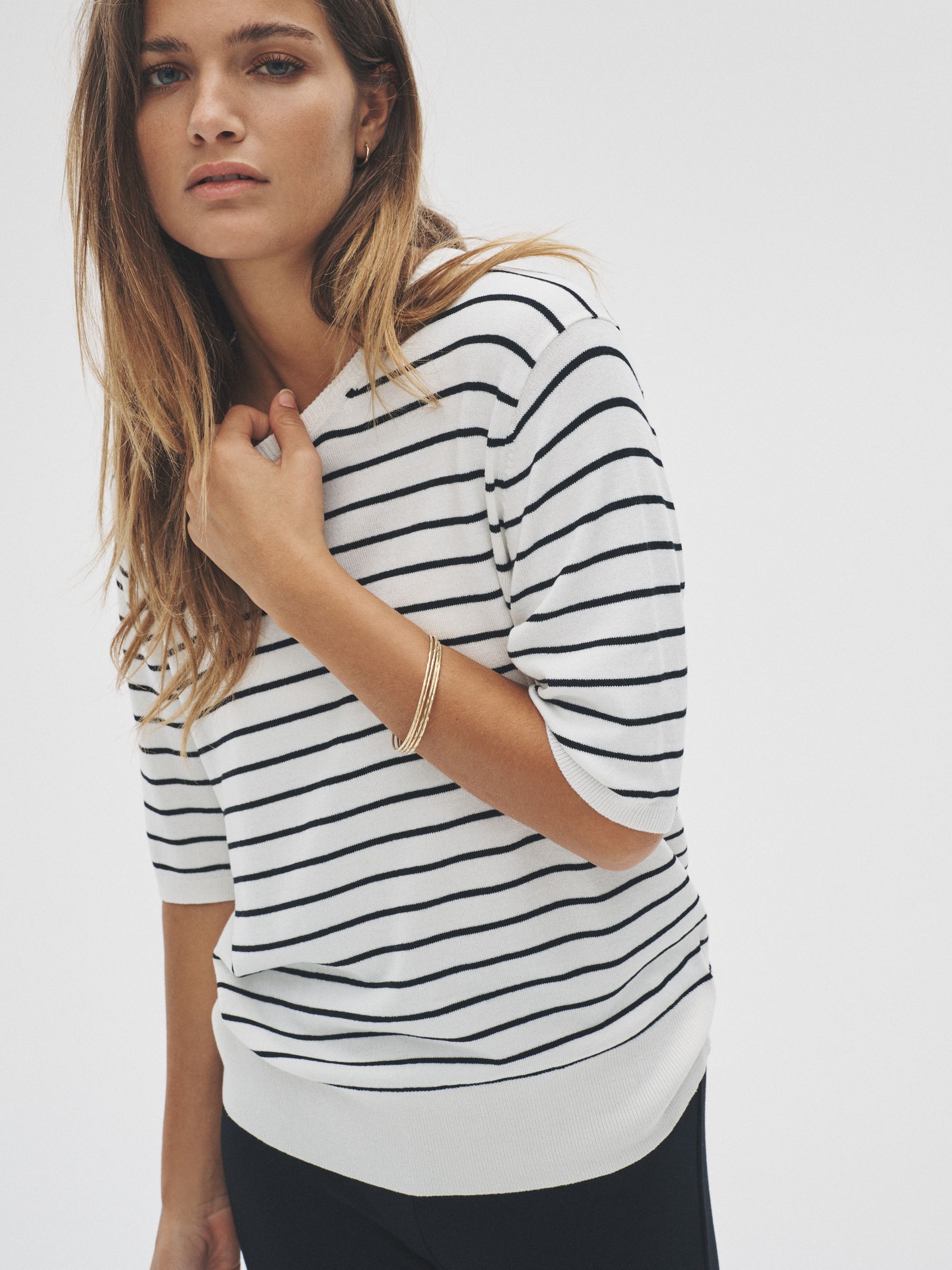 Black/Charcoal Grey/Grey Marl/Cream Stripe - 4 Pack Long Sleeve Fine Knit T-Shirts - Image 1 of 6