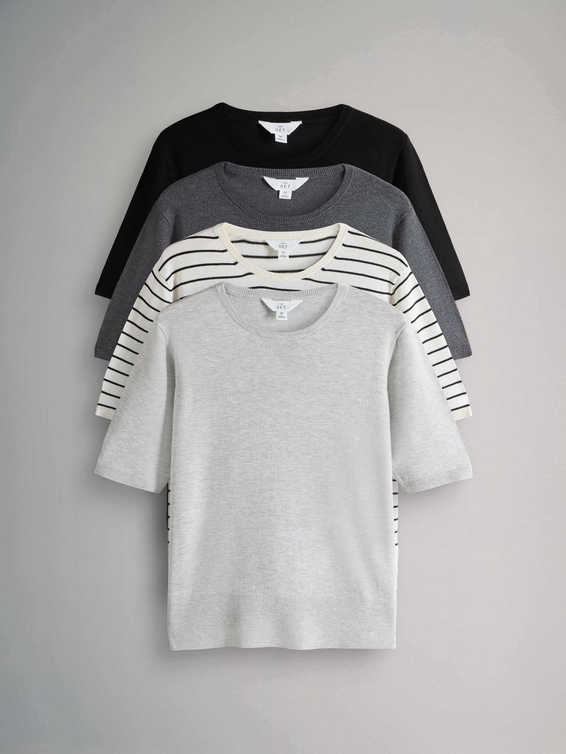 Black/Charcoal Grey/Grey Marl/Cream Stripe - 4 Pack Long Sleeve Fine Knit T-Shirts - Image 2 of 6