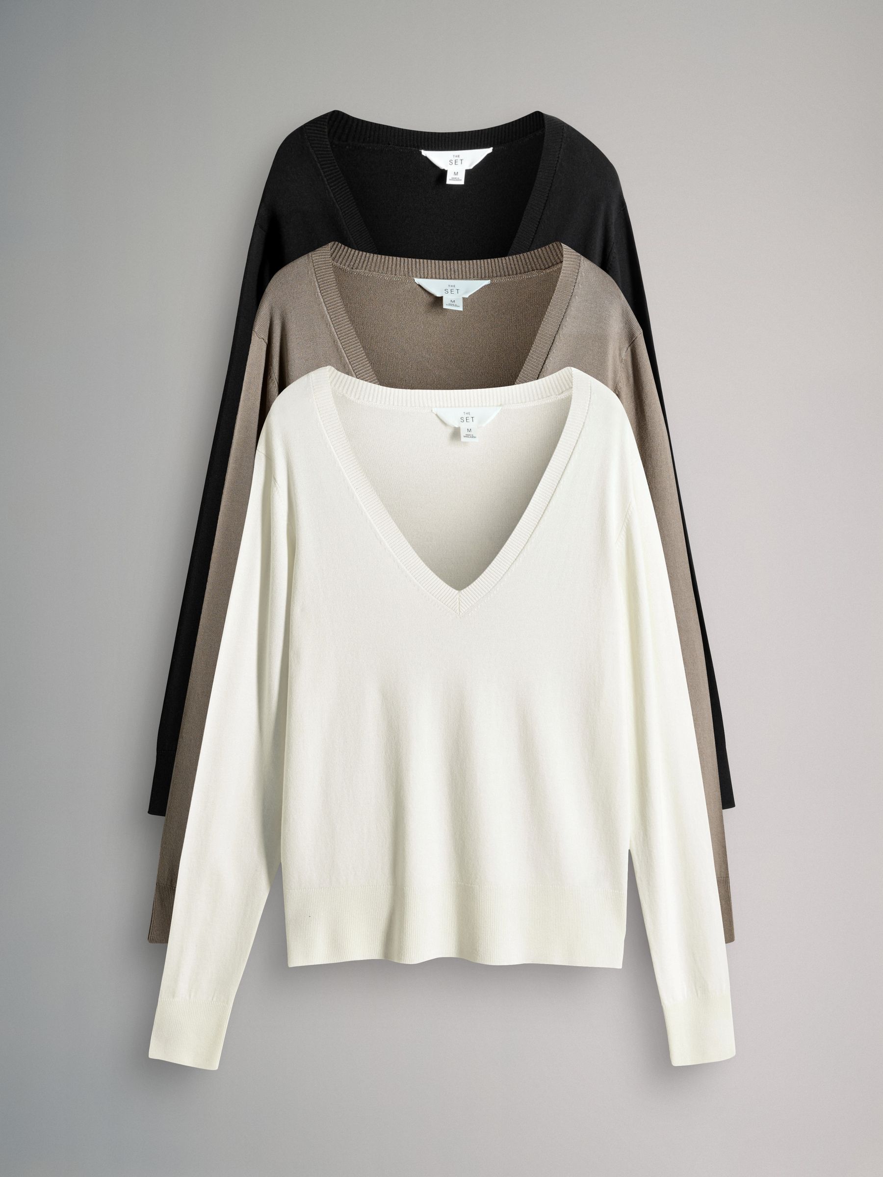 Black/Neutral/Cream - 3 Pack V-Neck Fine Knit Jumpers - Image 1 of 6 Black/Neutral/Cream - 3 Pack V-Neck Fine Knit Jumpers - Image 1 of 6