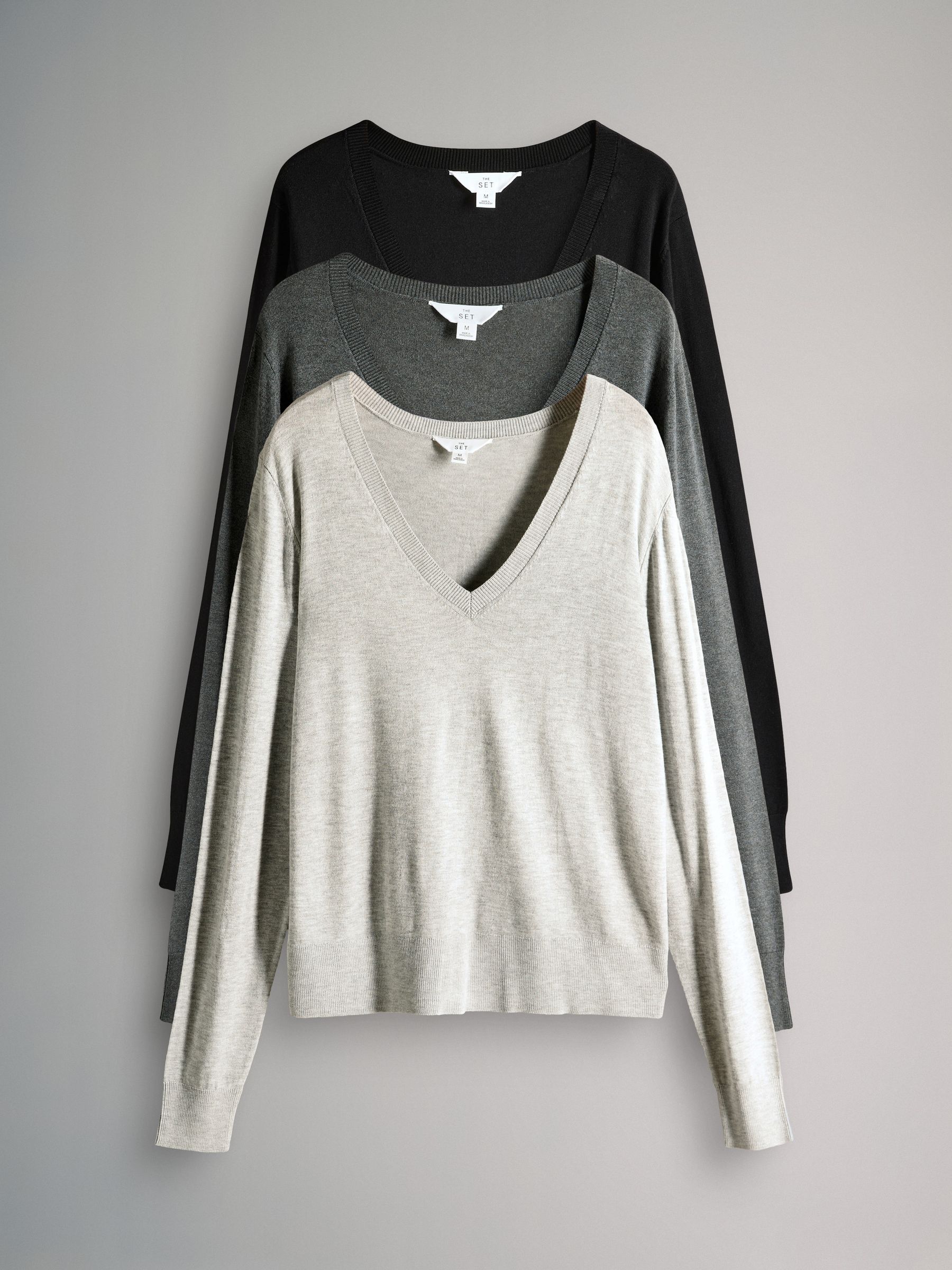 Black/Charcoal Grey/Grey Marl - 3 Pack V-Neck Fine Knit Jumpers - Image 1 of 6