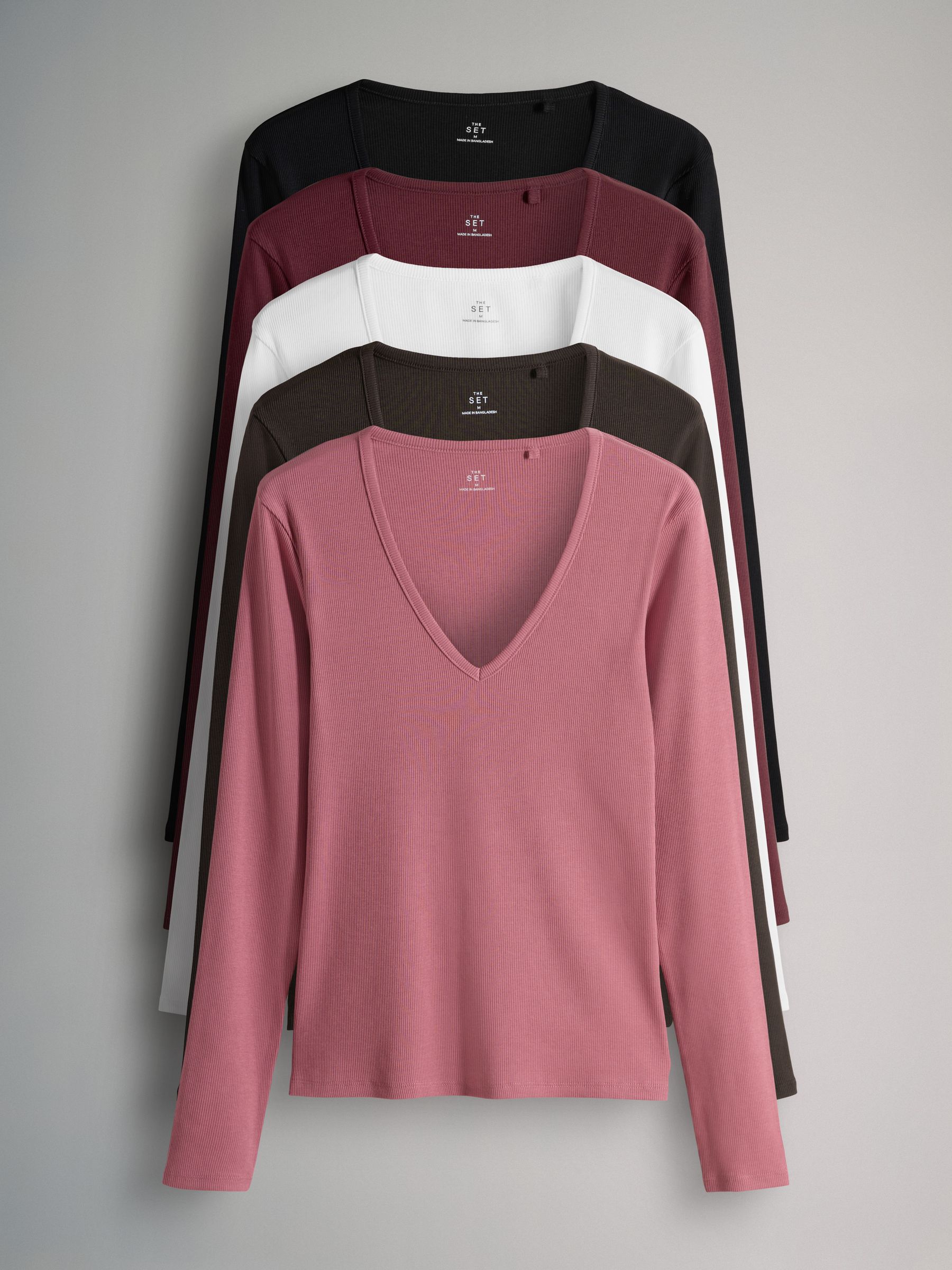 Cream/Dark Pink/Burgundy/Chocolate Brown/Black - 5 Pack V Neck Long Sleeve Ribbed T-Shirts - Image 1 of 7 Cream/Dark Pink/Burgundy/Chocolate Brown/Black - 5 Pack V Neck Long Sleeve Ribbed T-Shirts - Image 1 of 7