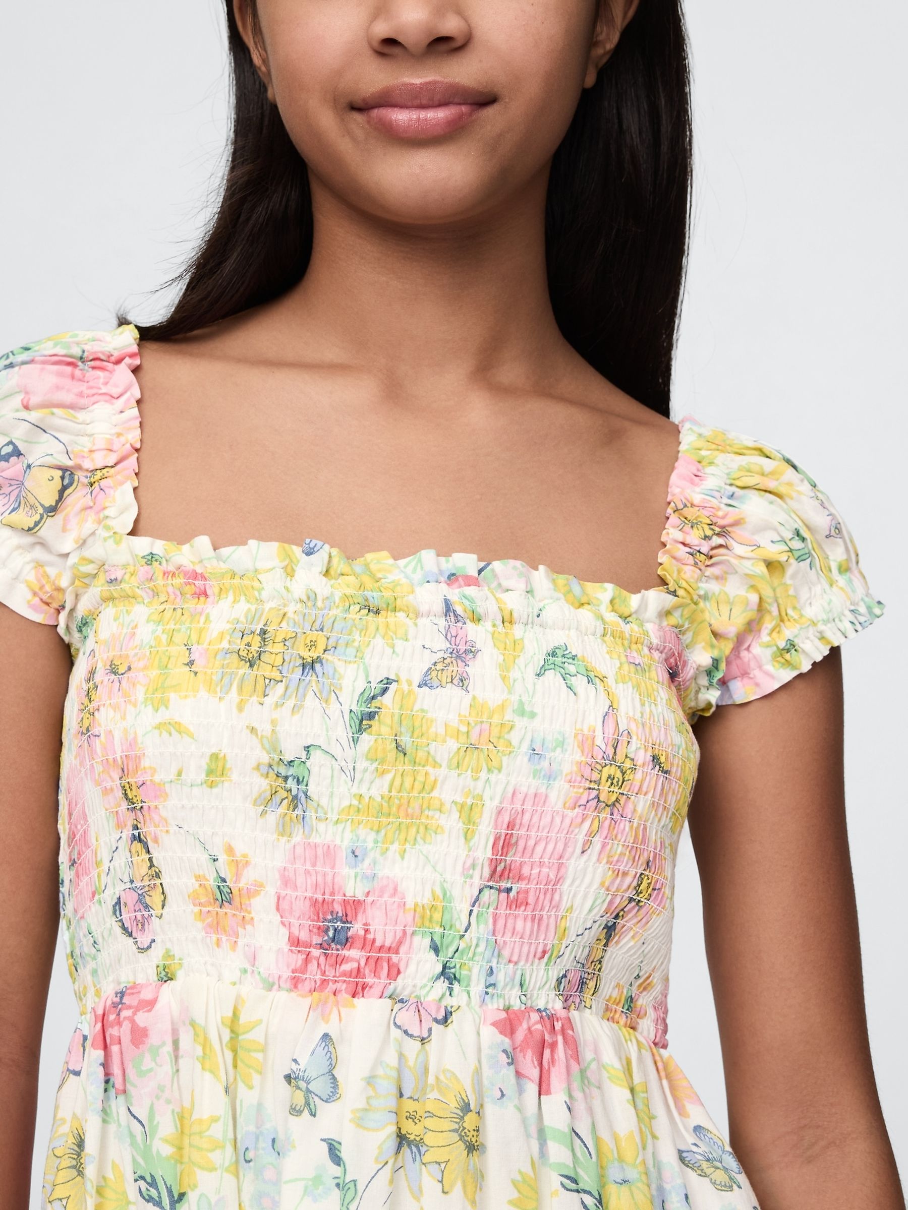 White Floral Smocked Floral Midi Dress (4-13yrs) - Image 3 of 4