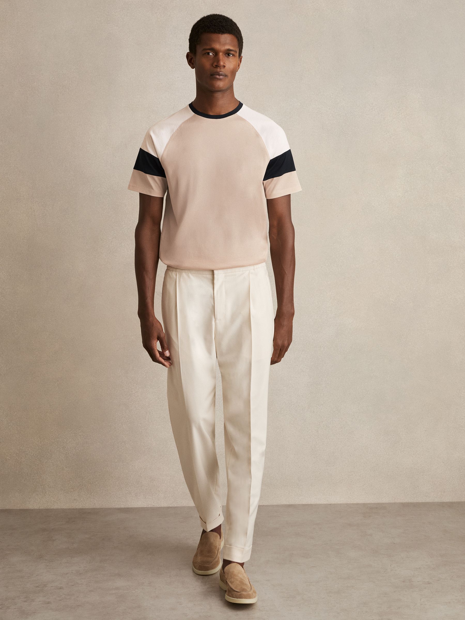 Mercerised-Cotton Colourblock T-Shirt in Sand/Navy - Image 3 of 6