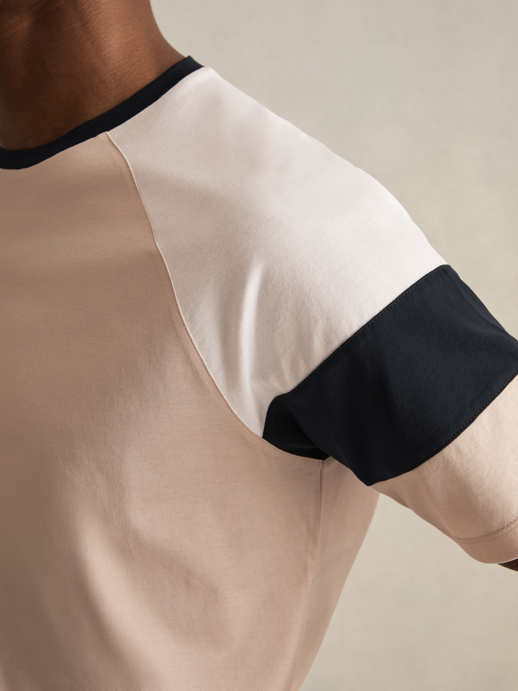 Mercerised-Cotton Colourblock T-Shirt in Sand/Navy - Image 4 of 6