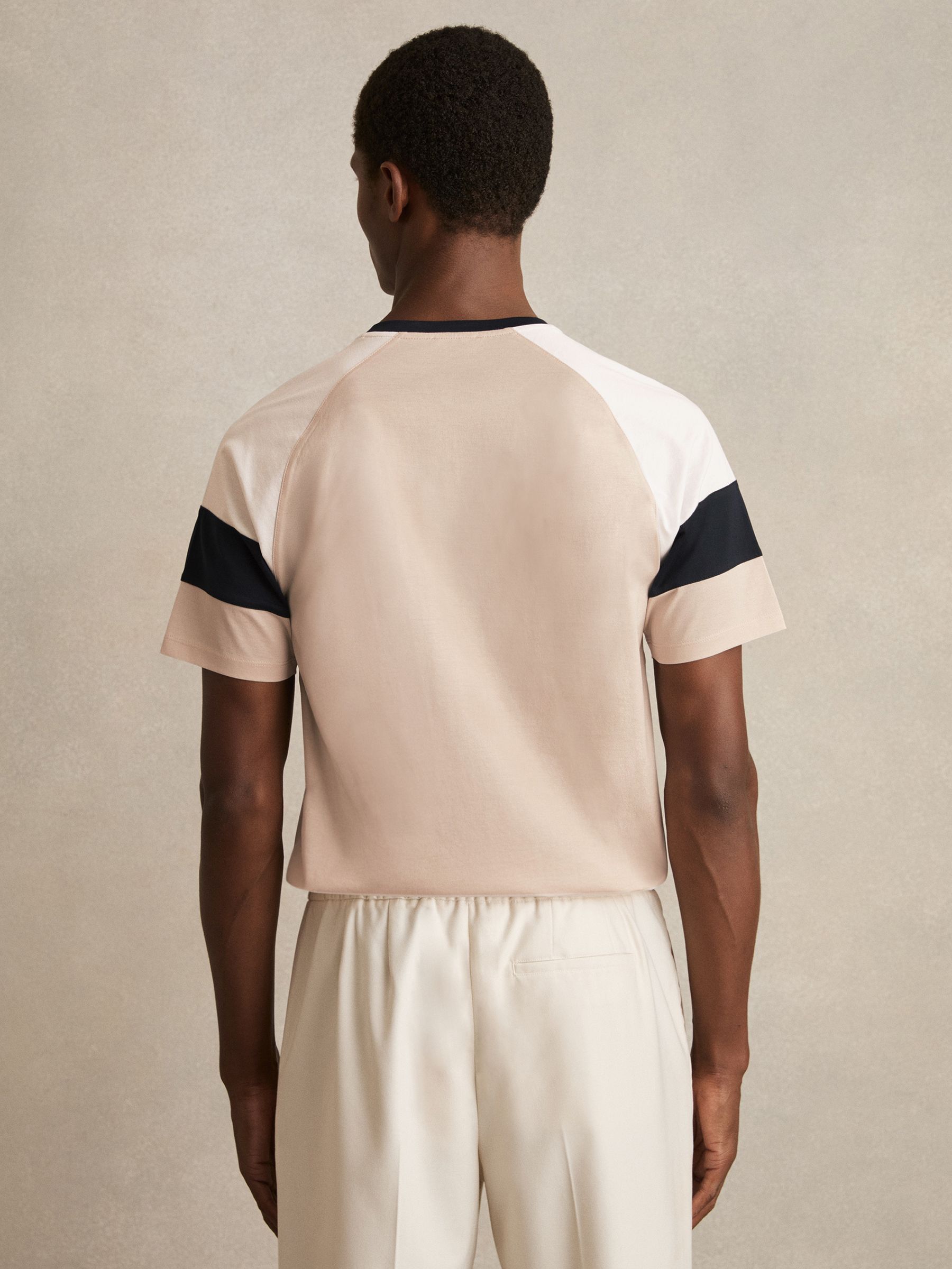 Mercerised-Cotton Colourblock T-Shirt in Sand/Navy - Image 5 of 6