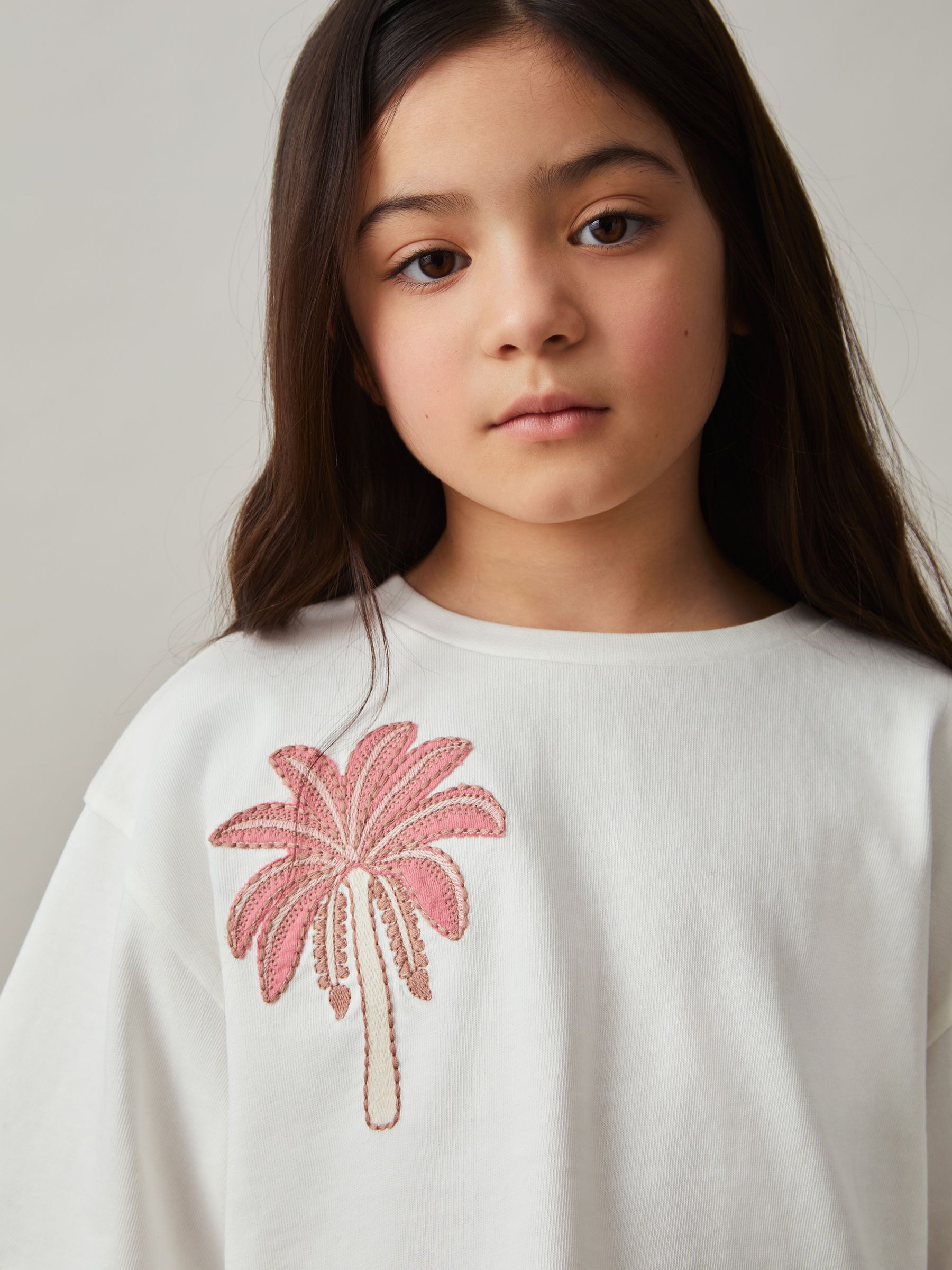 13-14 yrs Cotton Palm Tree Cropped T-Shirt in Ivory - Image 2 of 4