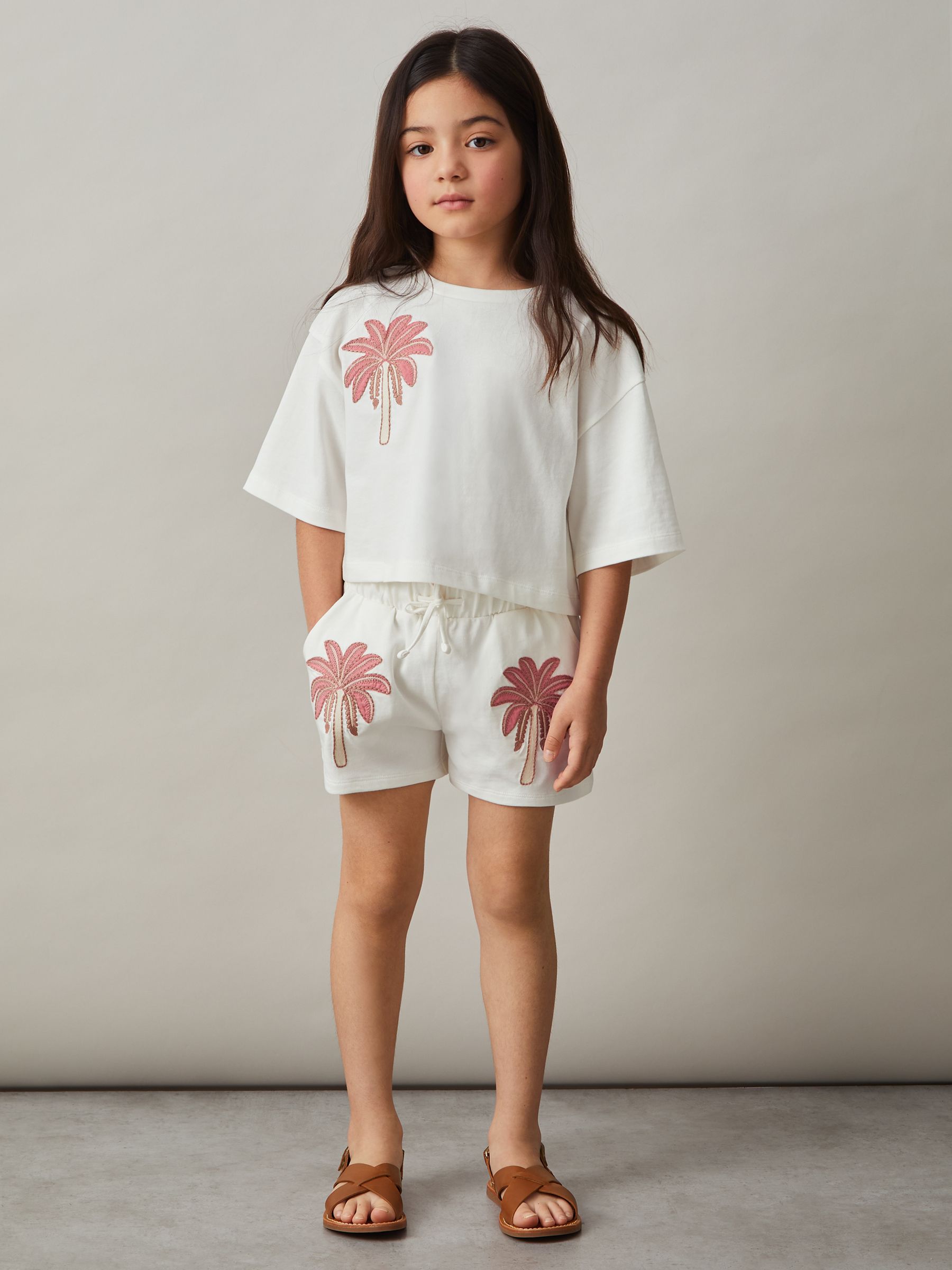 13-14 yrs Cotton Palm Tree Cropped T-Shirt in Ivory - Image 3 of 4