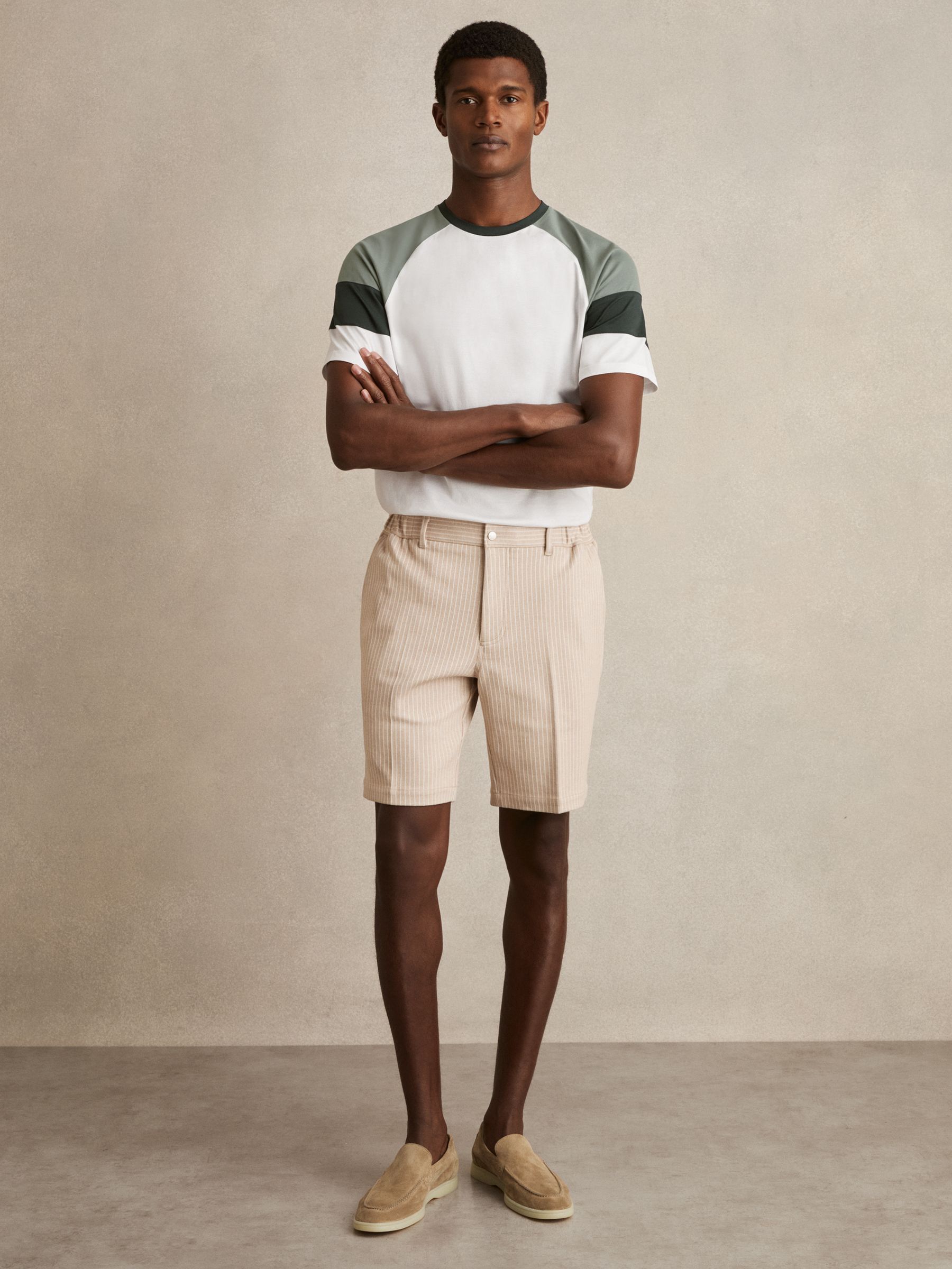Mercerised-Cotton Colourblock T-Shirt in White/Sage - Image 3 of 6