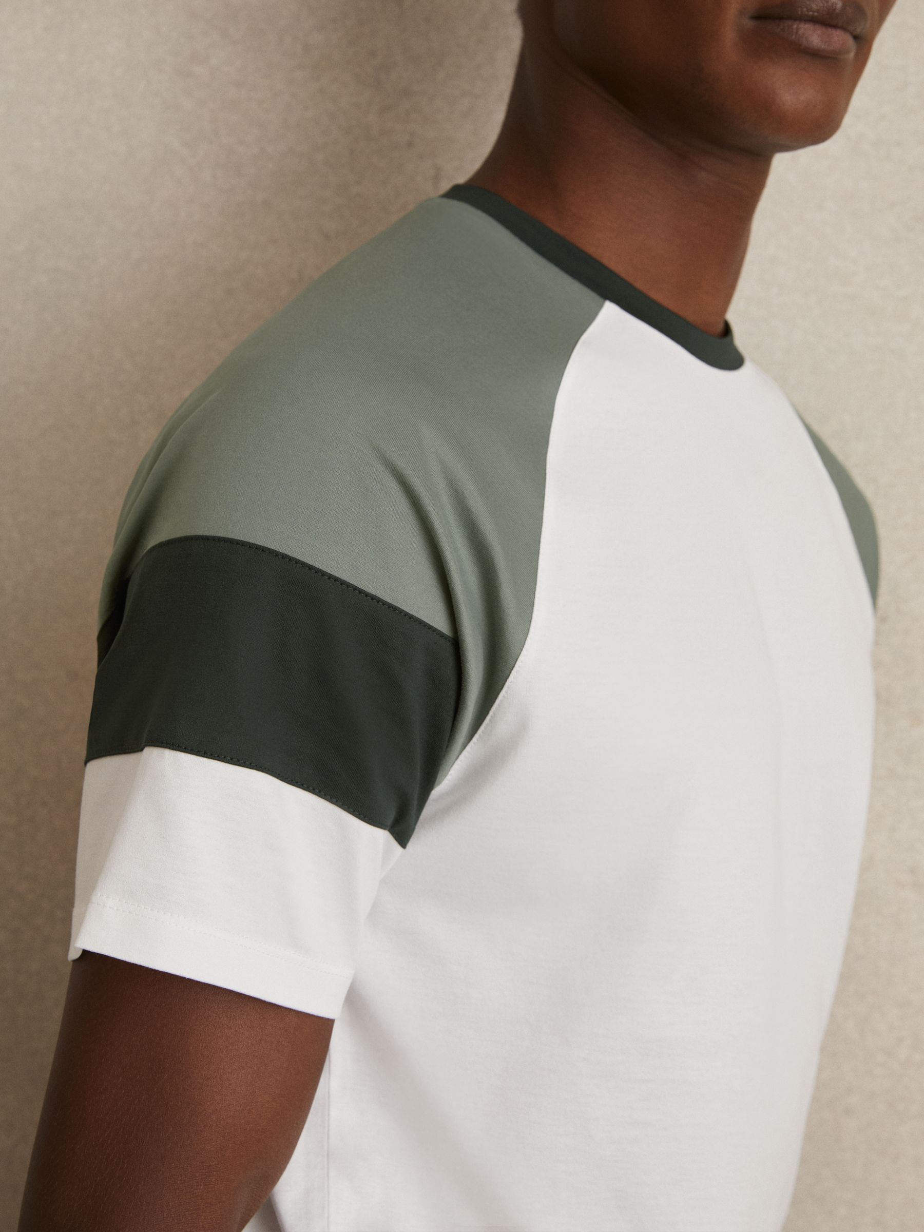 Mercerised-Cotton Colourblock T-Shirt in White/Sage - Image 4 of 6