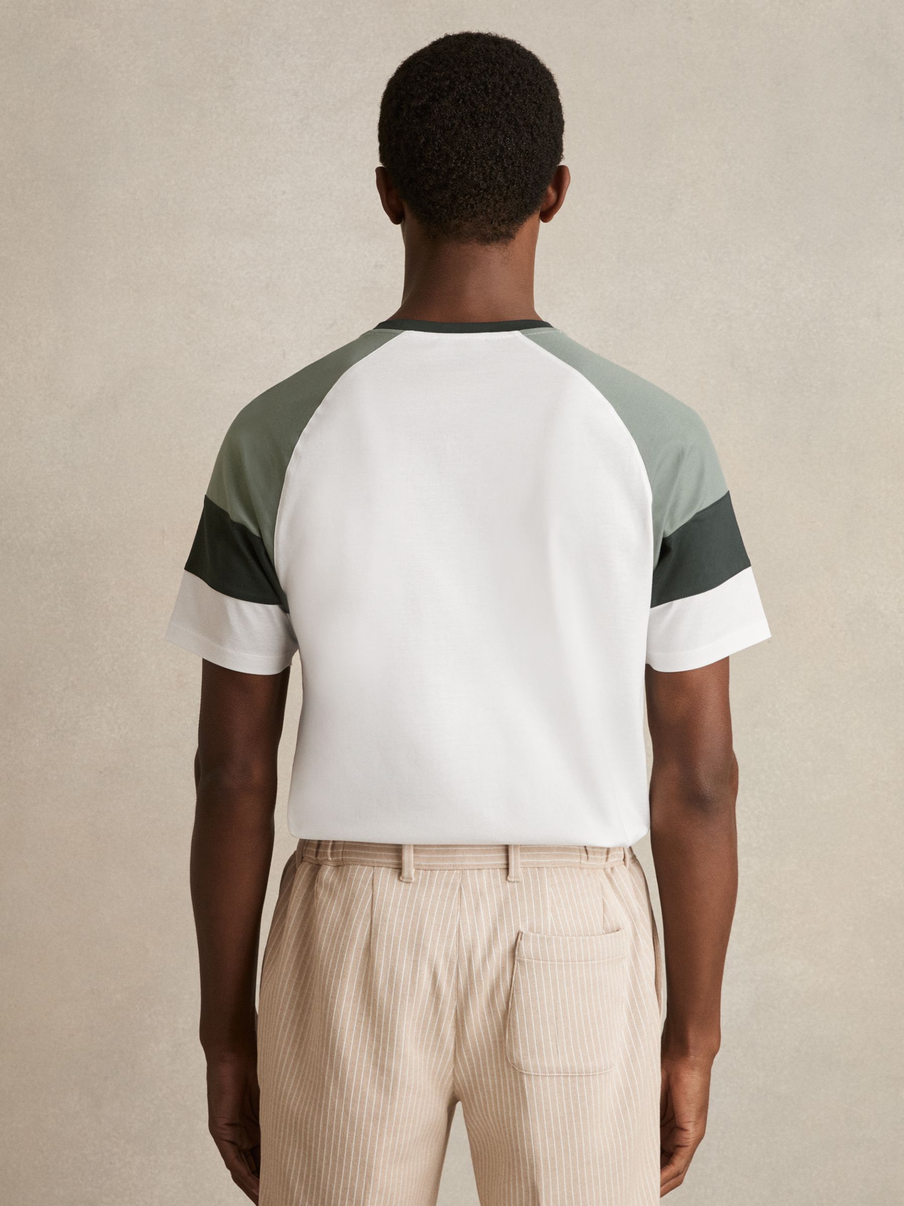 Mercerised-Cotton Colourblock T-Shirt in White/Sage - Image 5 of 6