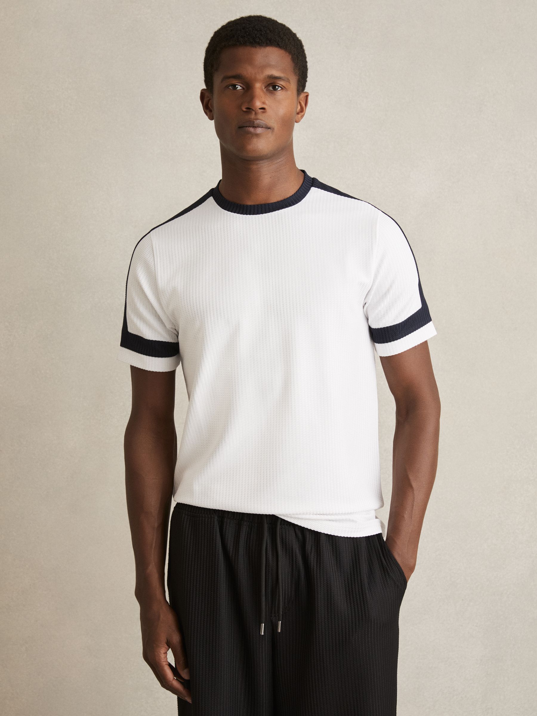 Oversized Textured T-Shirt in White/Navy - Image 1 of 6