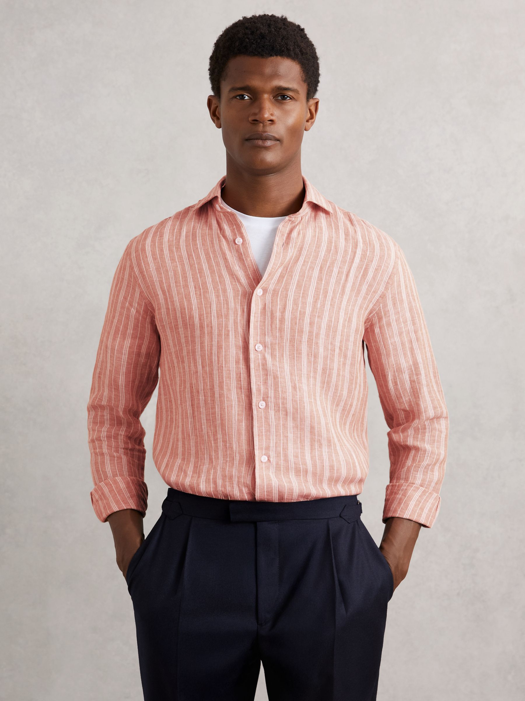 Linen Striped Long Sleeve Shirt in Pink Rose/White Bengal Stripe - Image 1 of 8 Linen Striped Long Sleeve Shirt in Pink Rose/White Bengal Stripe - Image 1 of 8