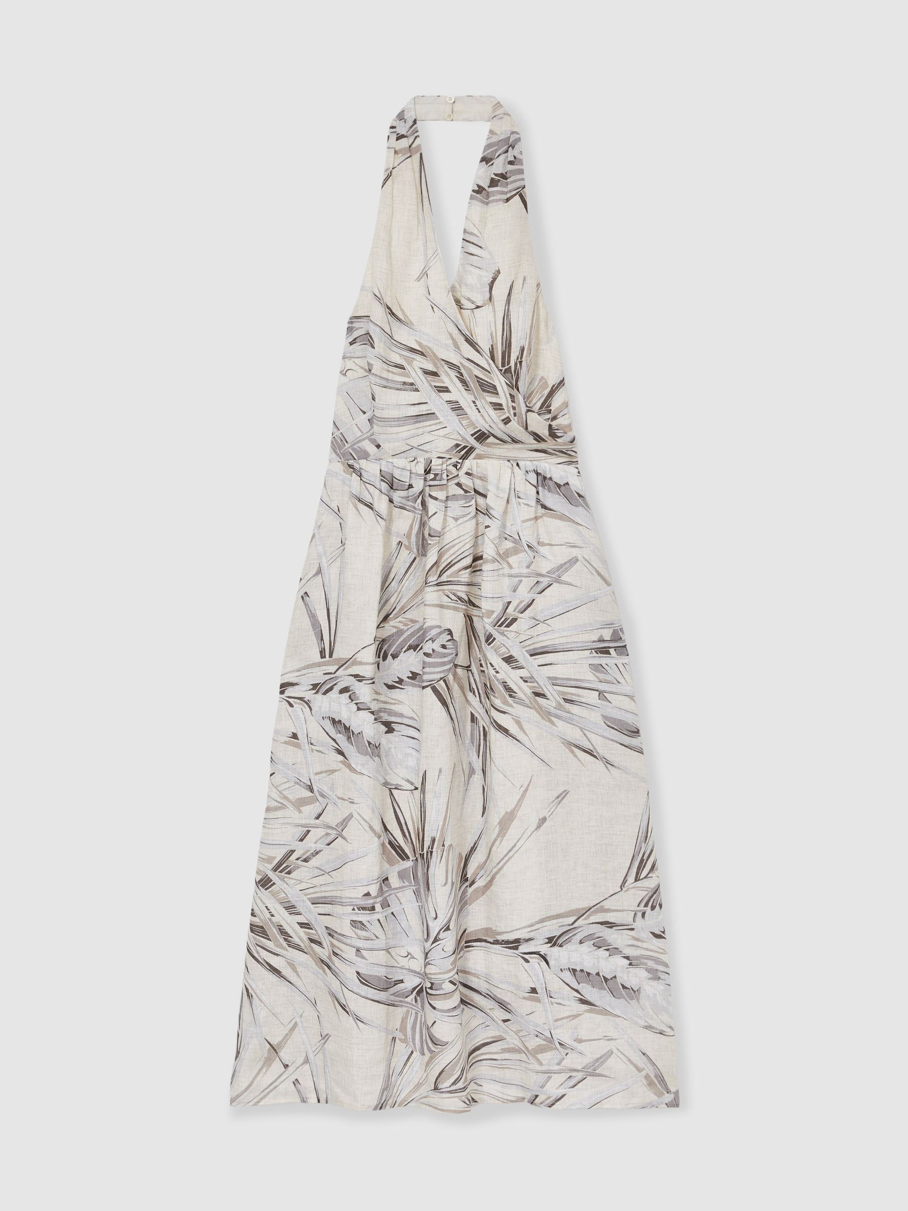Petite Linen Palm Print Halterneck Midi Dress in Neutral - image 1