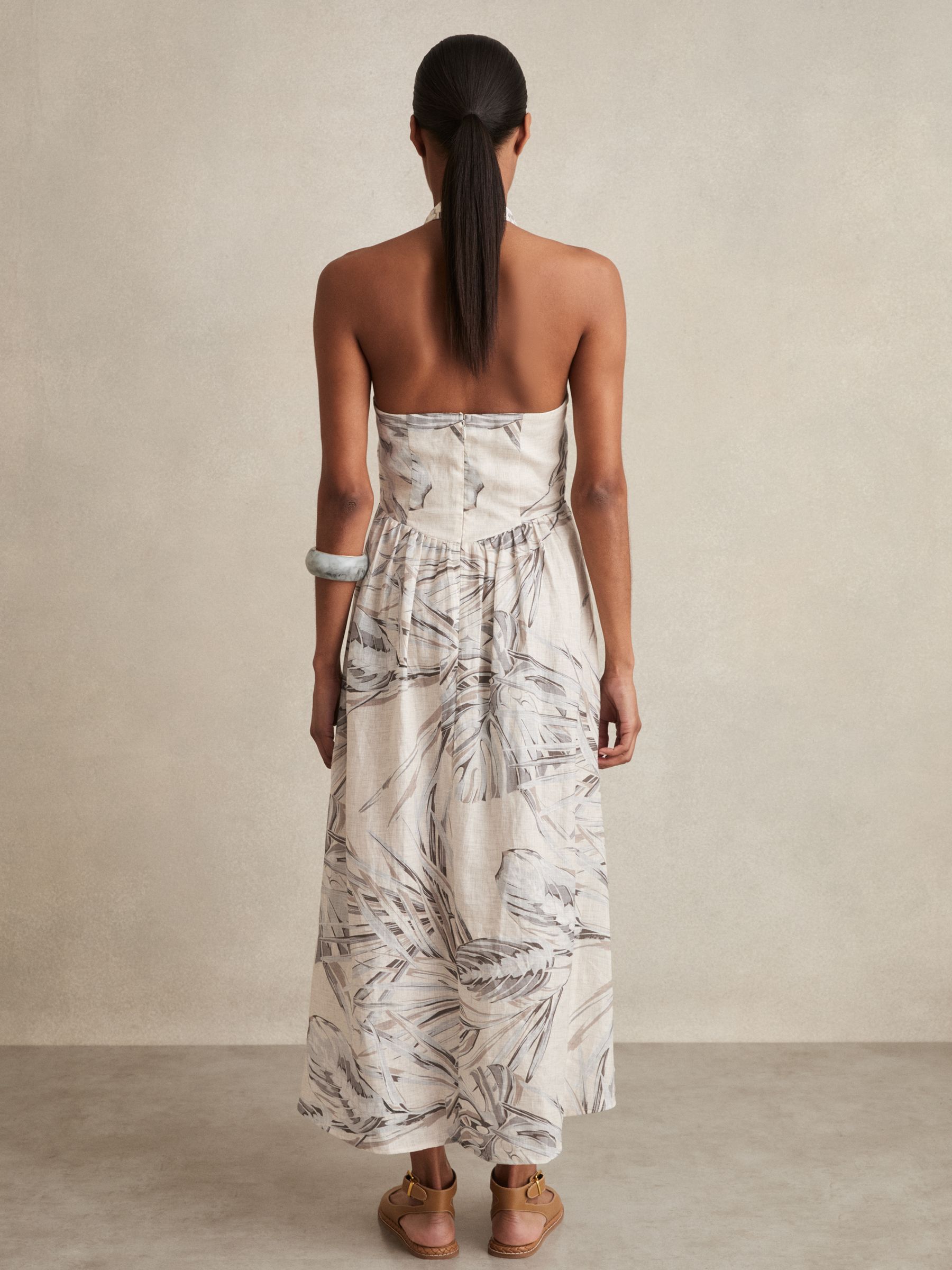 Petite Linen Palm Print Halterneck Midi Dress in Neutral - image 5