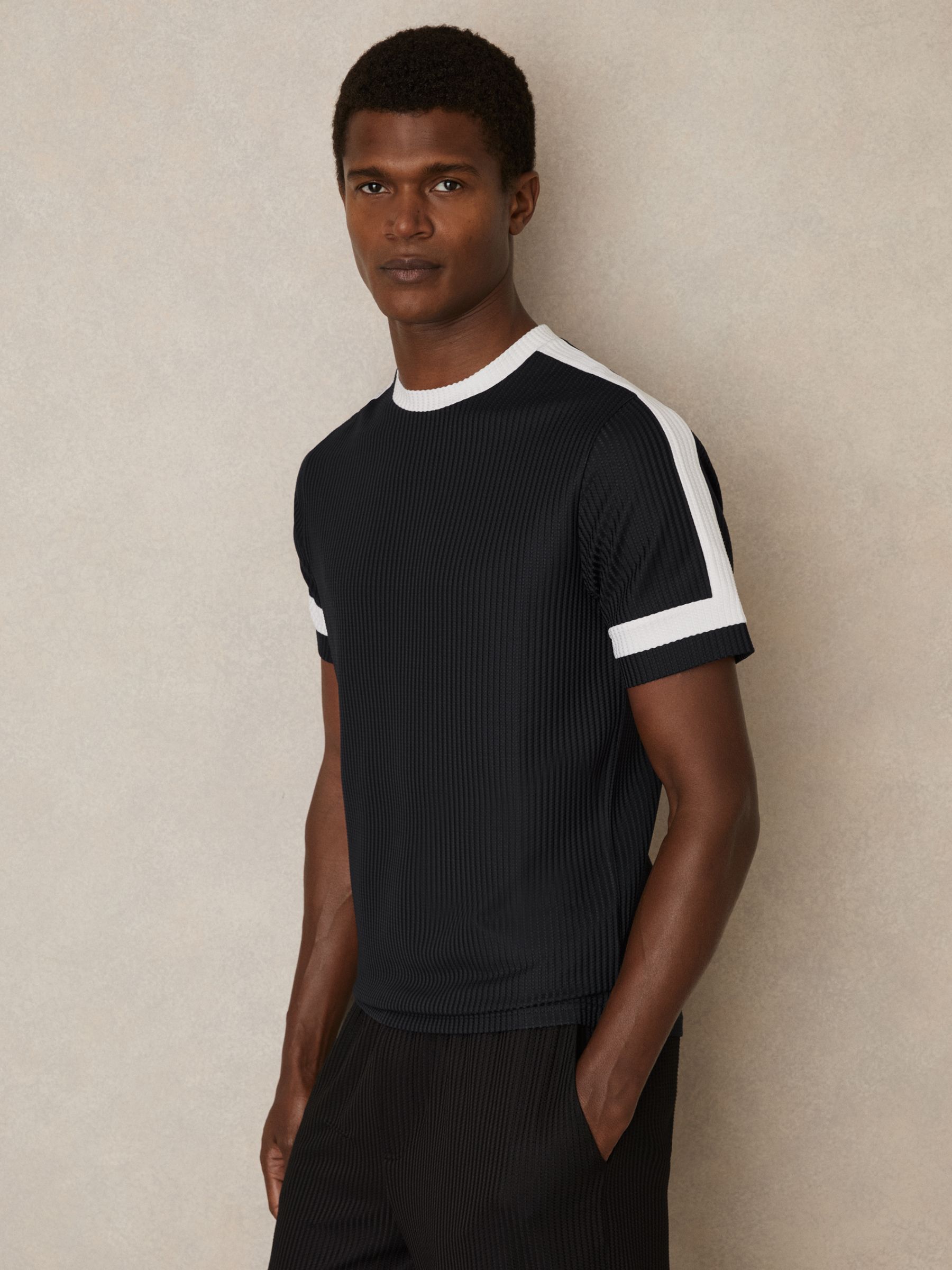 Oversized Textured T-Shirt in Navy/White - Image 1 of 6 Oversized Textured T-Shirt in Navy/White - Image 1 of 6