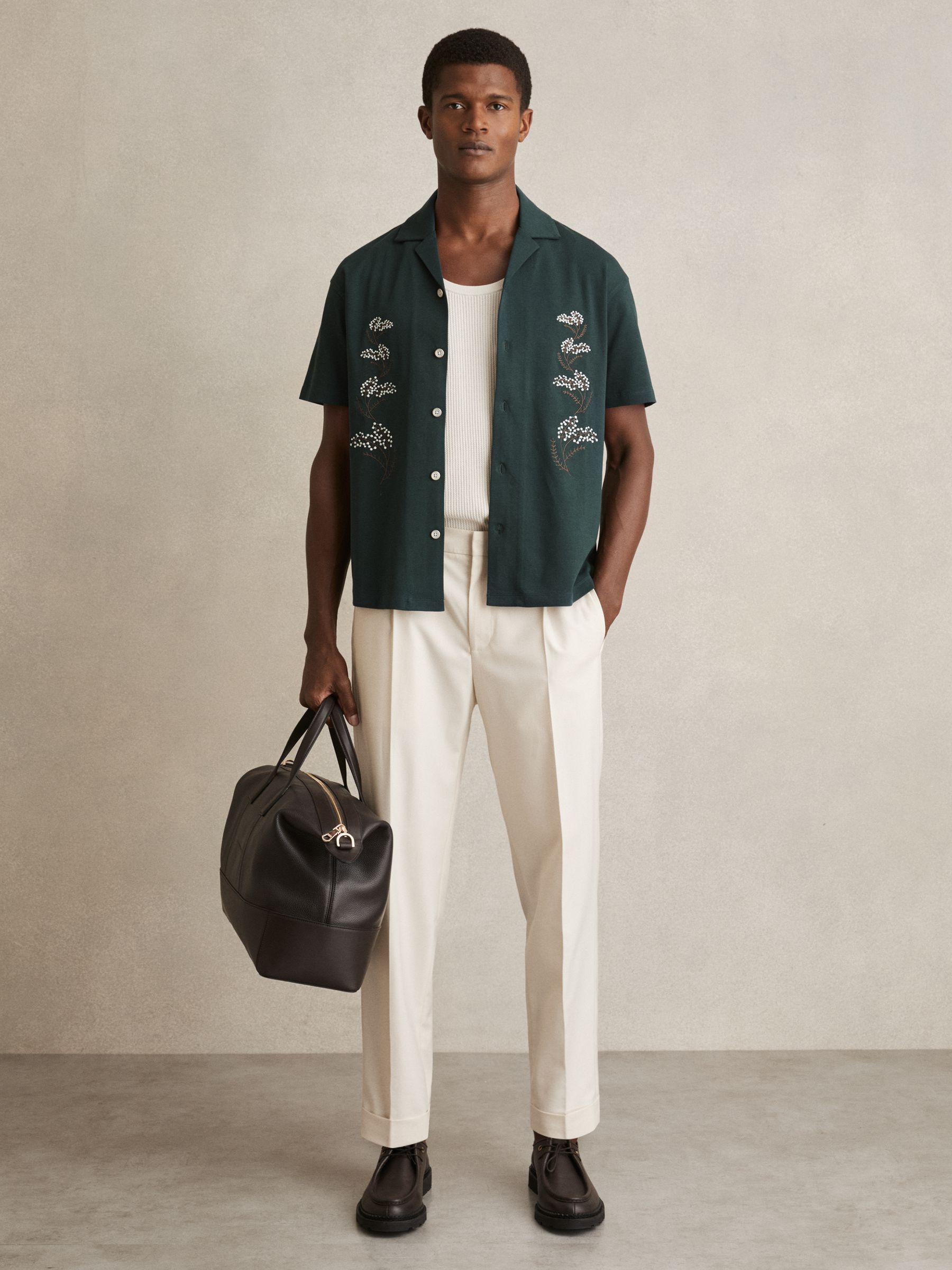 Cotton Floral Embroidered Shirt in Dark Green - Image 1 of 6