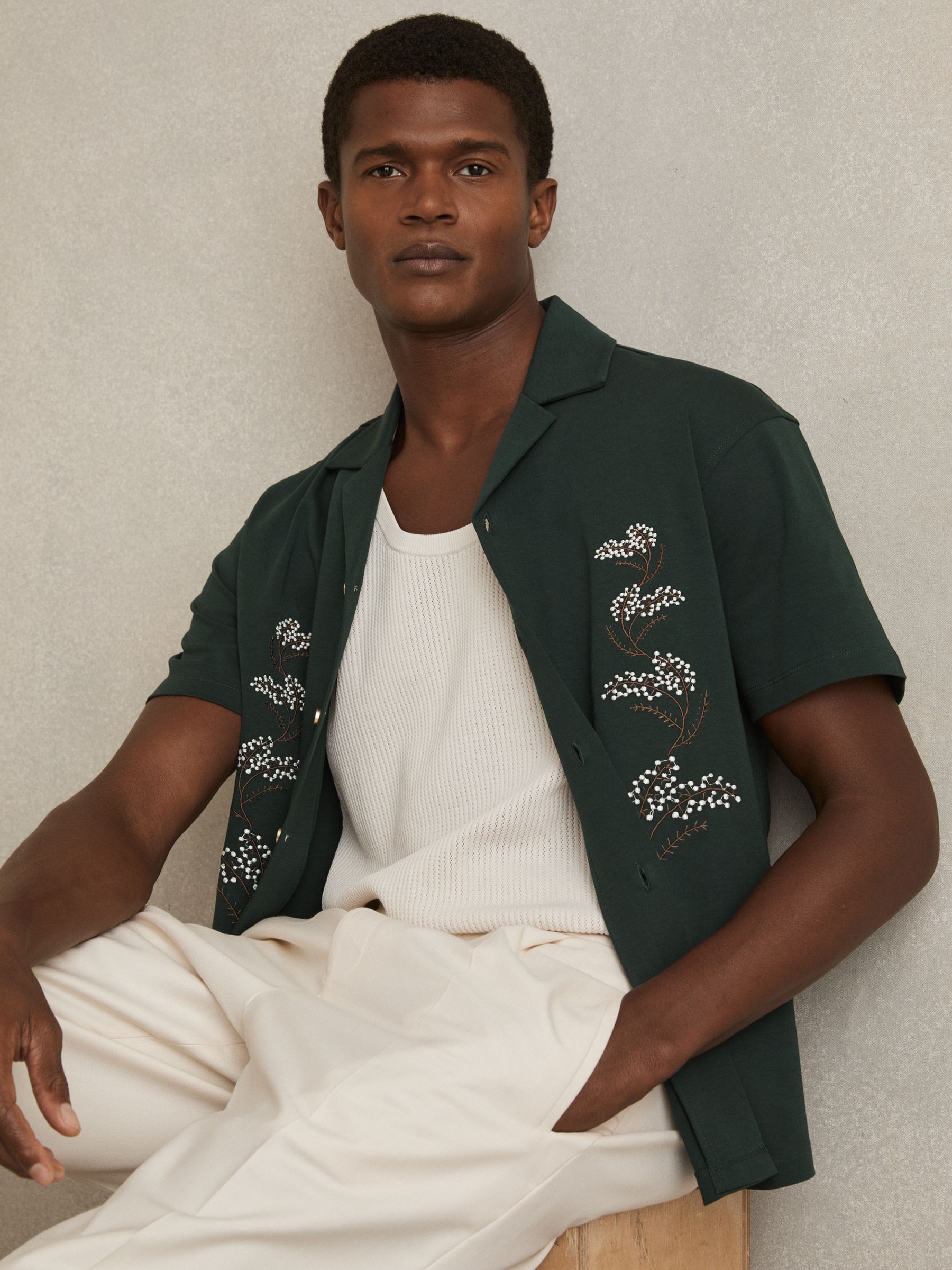 Cotton Floral Embroidered Shirt in Dark Green - Image 3 of 6