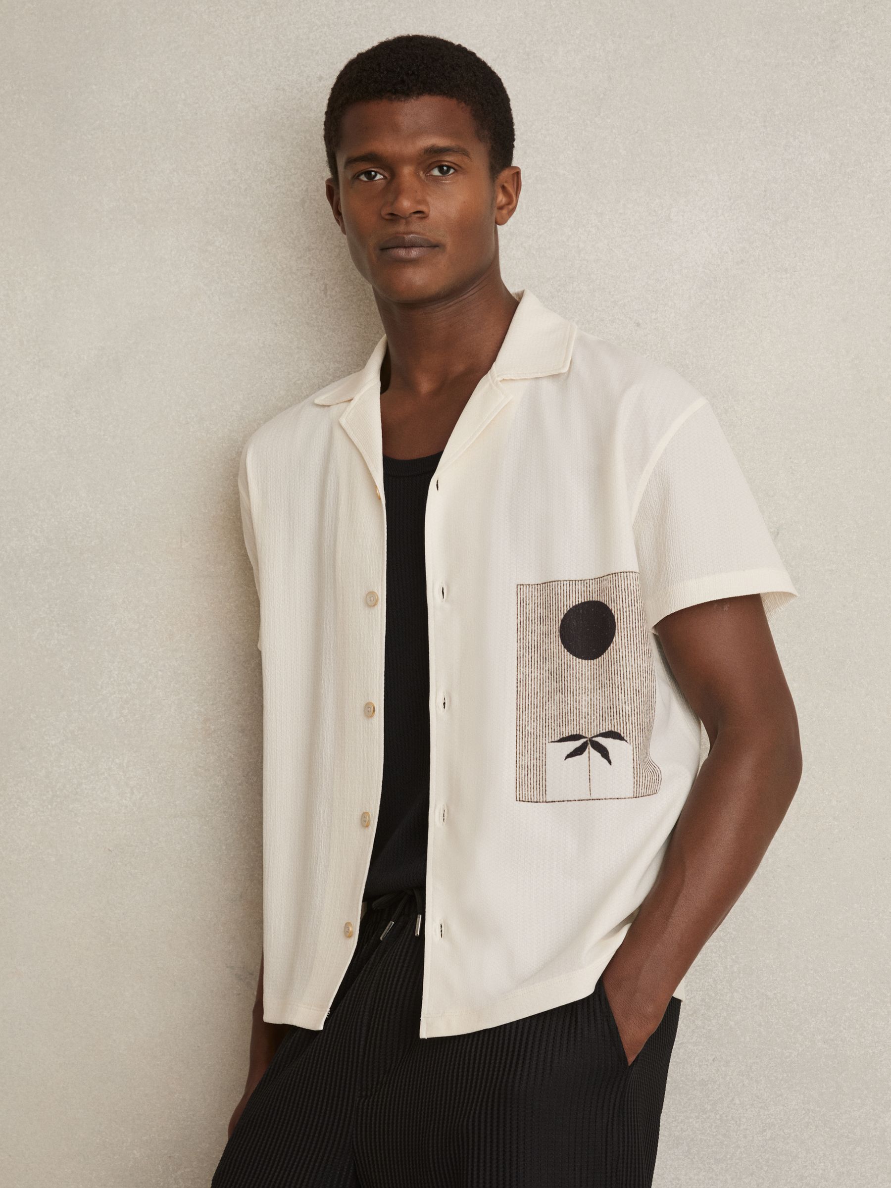 Graphic Print Cuban-Collar Shirt in White - Image 1 of 6