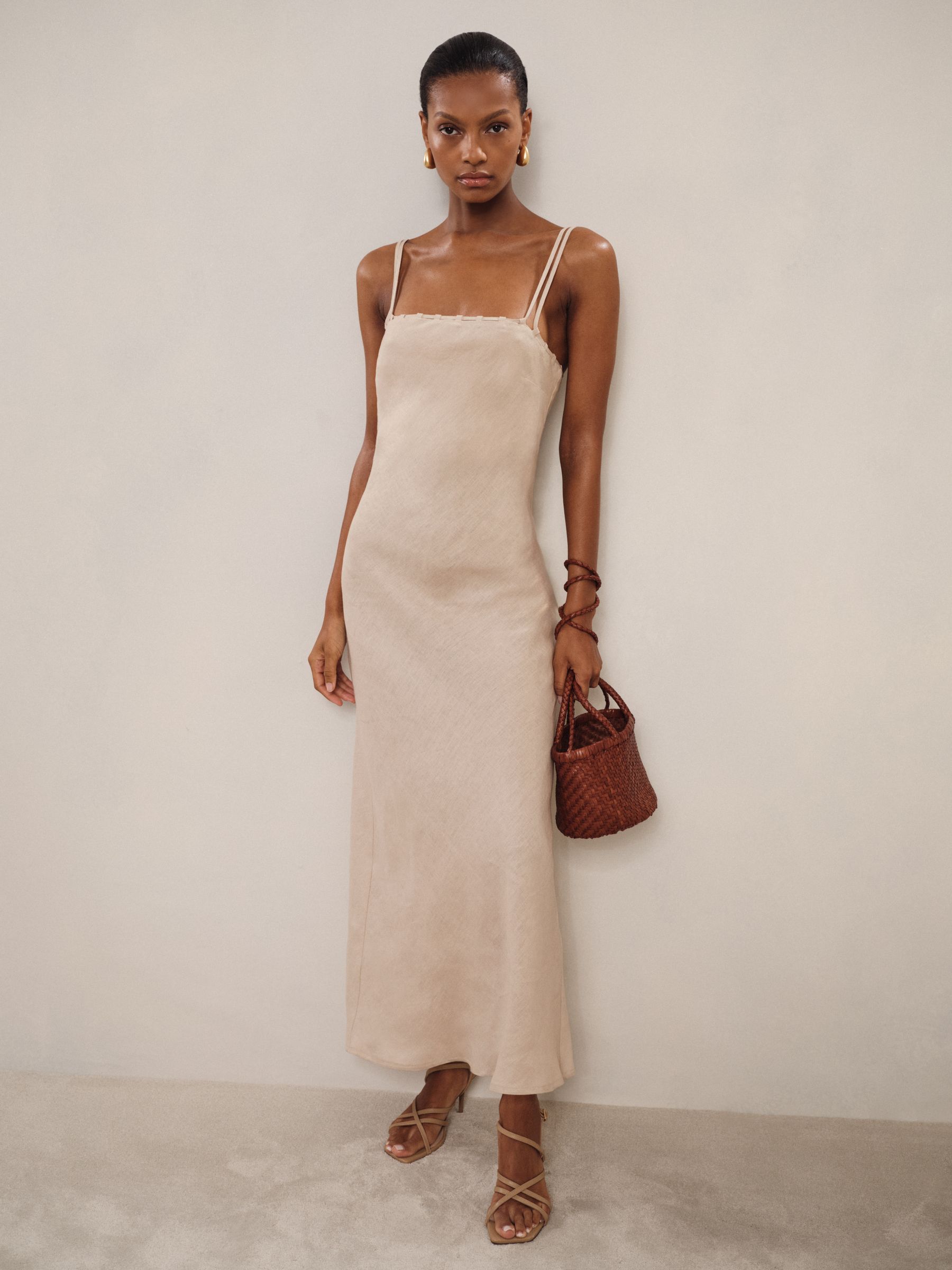 Linen Double-Strap Slip Dress in Neutral - Image 1 of 6