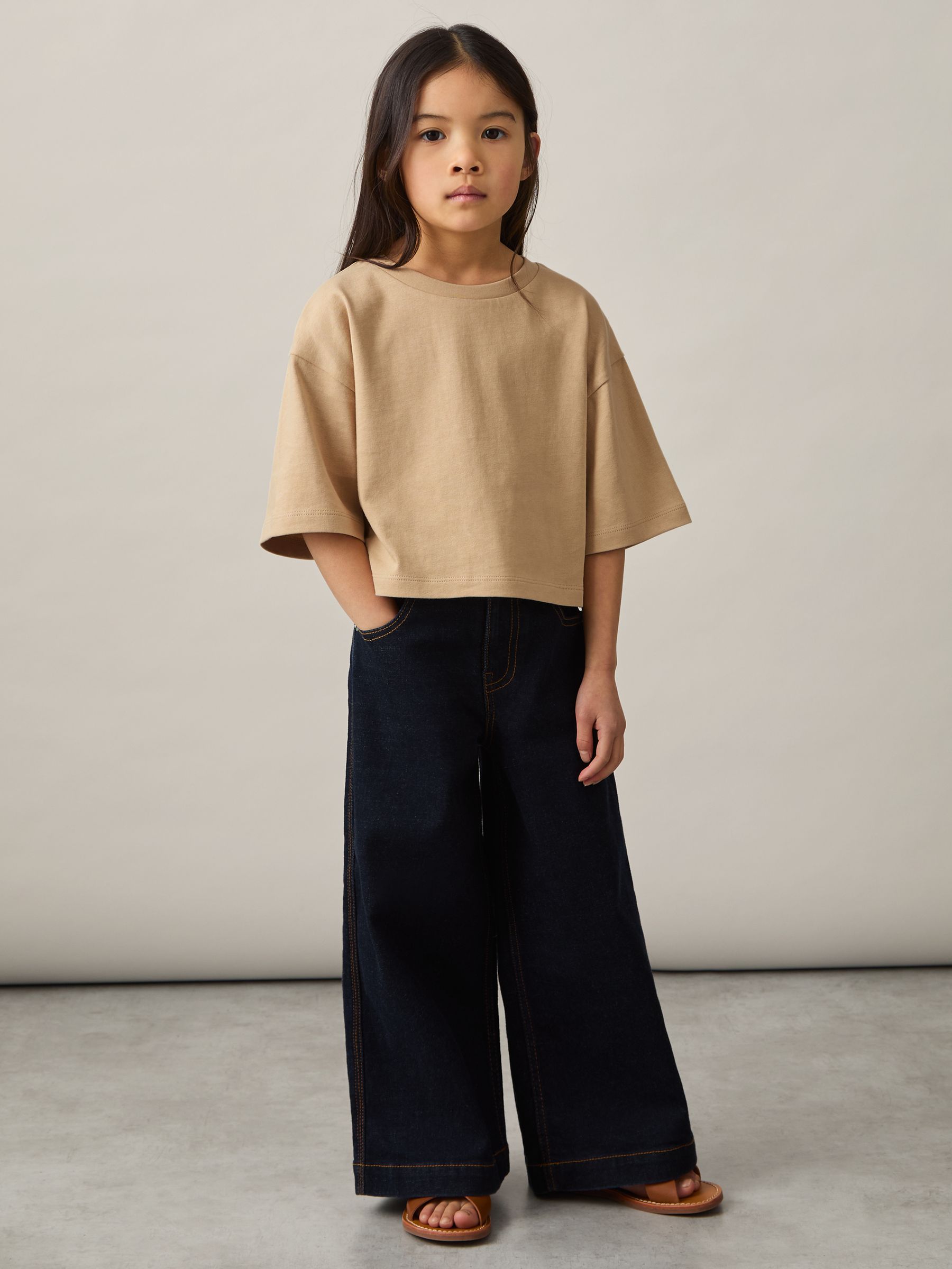9-13 yrs Cotton Cropped Oversize T-Shirt in Sand - Image 3 of 4