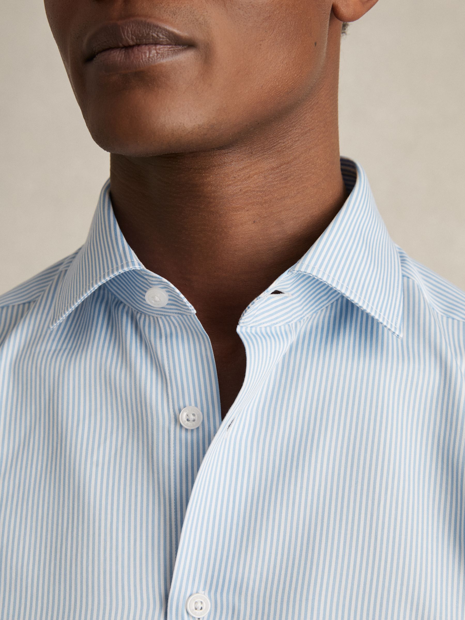 Regular Fit Cotton-Satin Cutaway-Collar Shirt in Blue Stripe - image 3