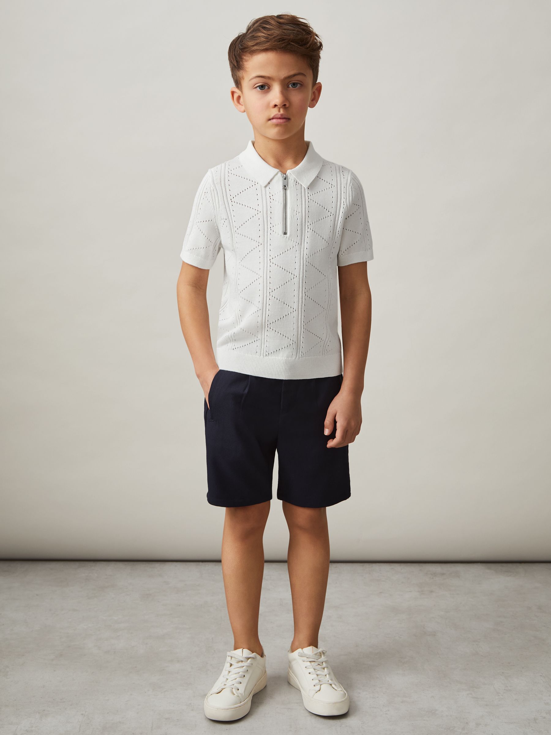 Half-Zip Pointelle Polo Shirt in Off White - Image 3 of 4