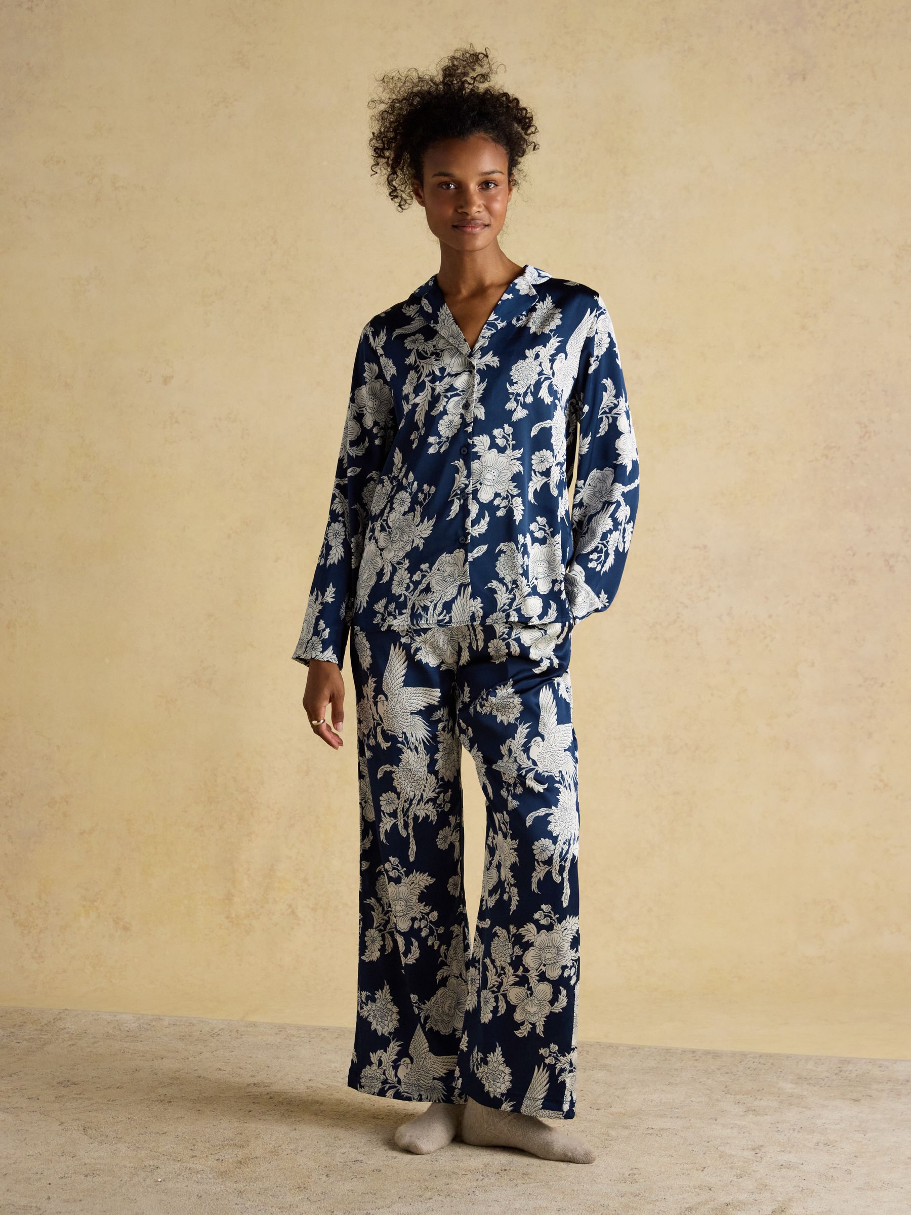 Bonnie Navy Floral Satin Long Sleeve Pyjama Set - Image 1 of 5