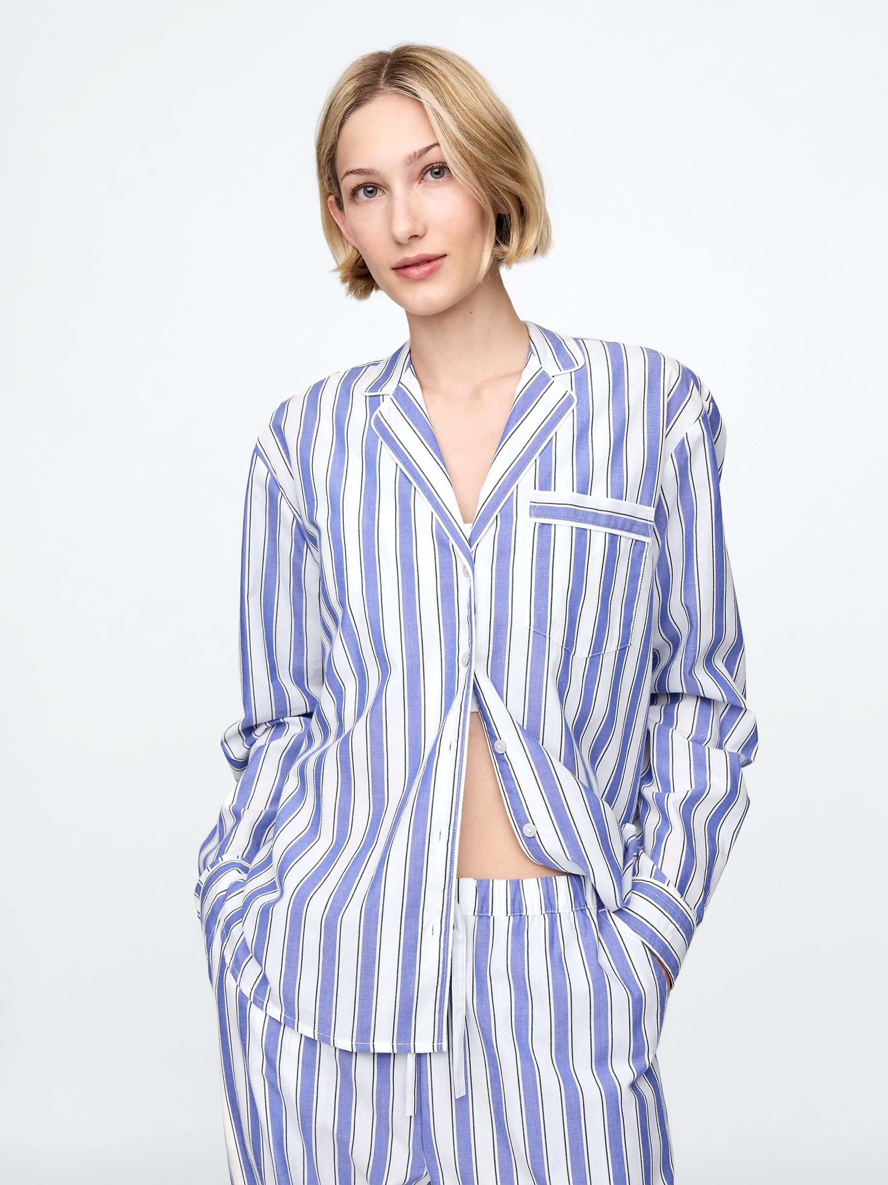 Blue Stripe Long Sleeve Poplin Pyjama Shirt - Image 1 of 4