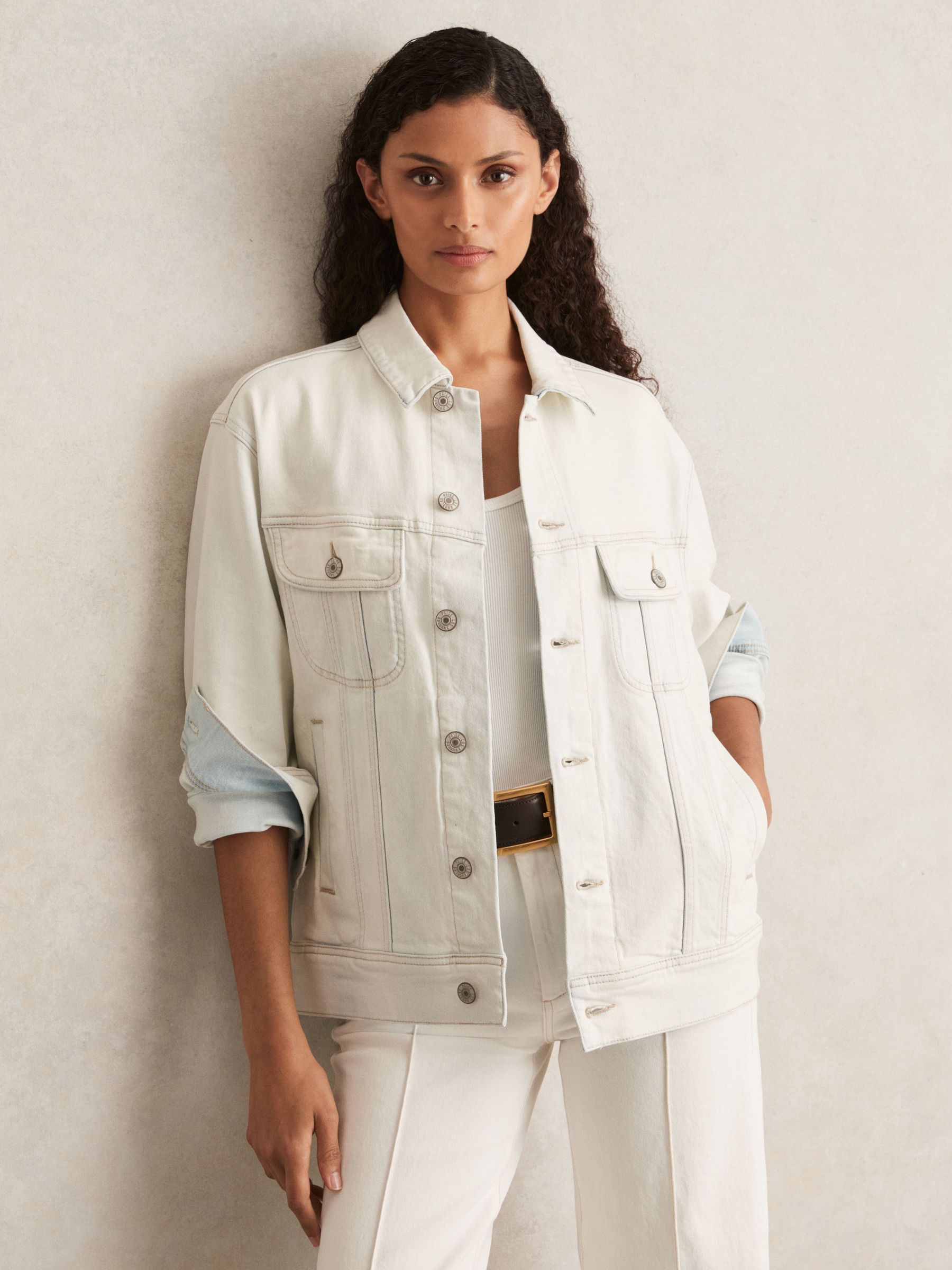 Paige Button-Through Denim Jacket in Ivory - Image 1 of 6 Paige Button-Through Denim Jacket in Ivory - Image 1 of 6