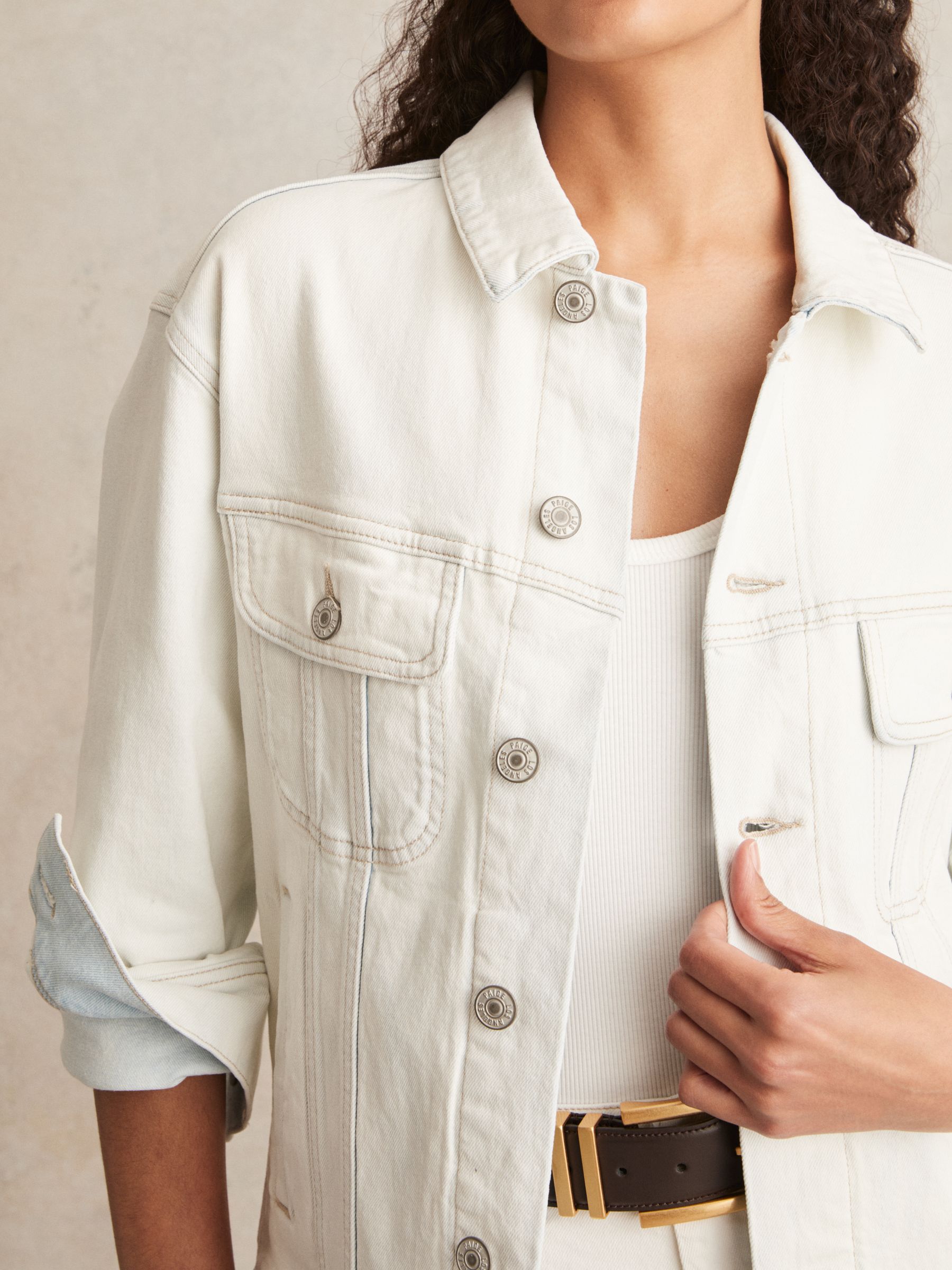 Paige Button-Through Denim Jacket in Ivory - Image 3 of 6
