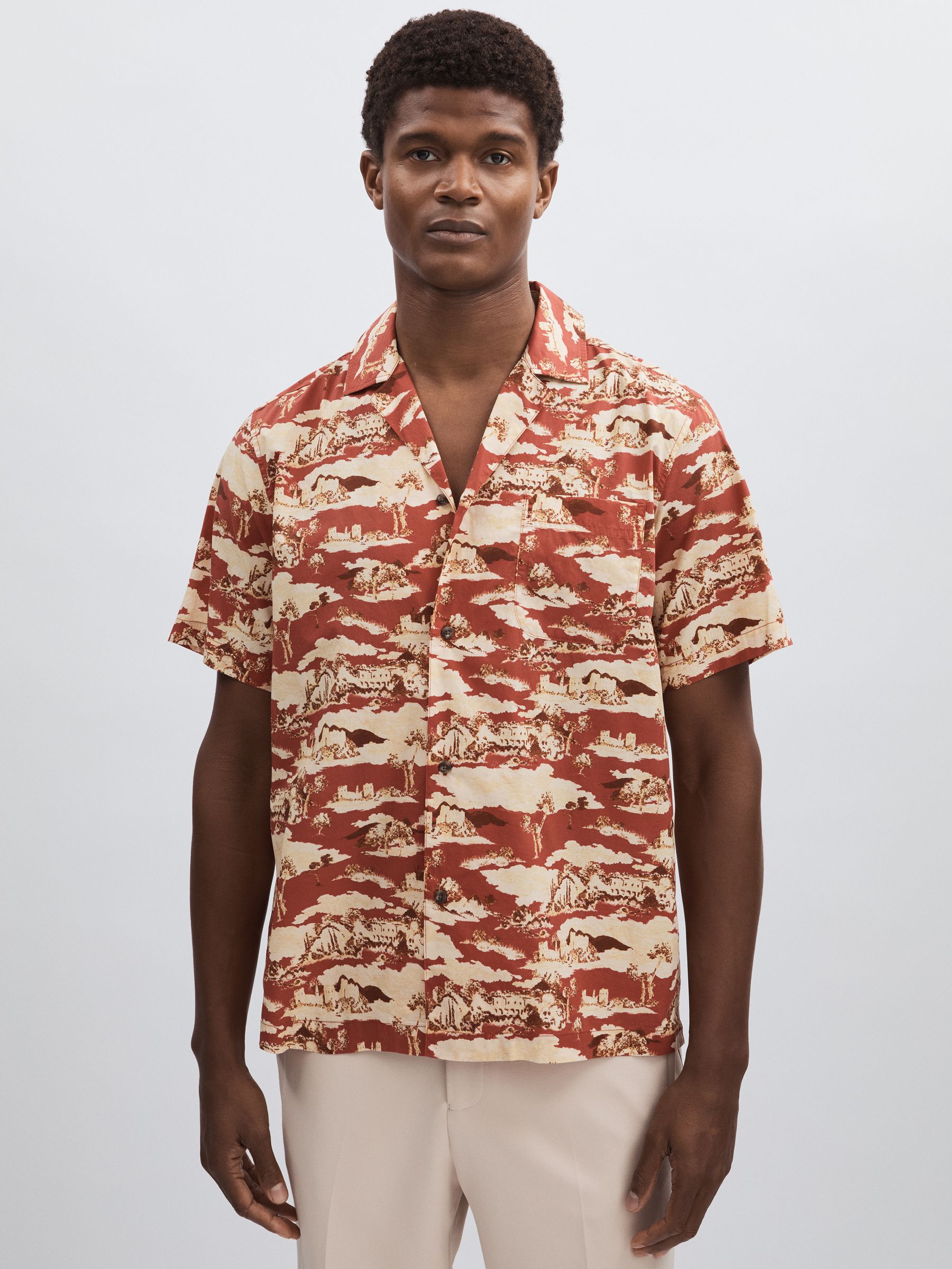 Les Deux Ruins-Print Cuban-Collar Shirt in Red - Image 1 of 5