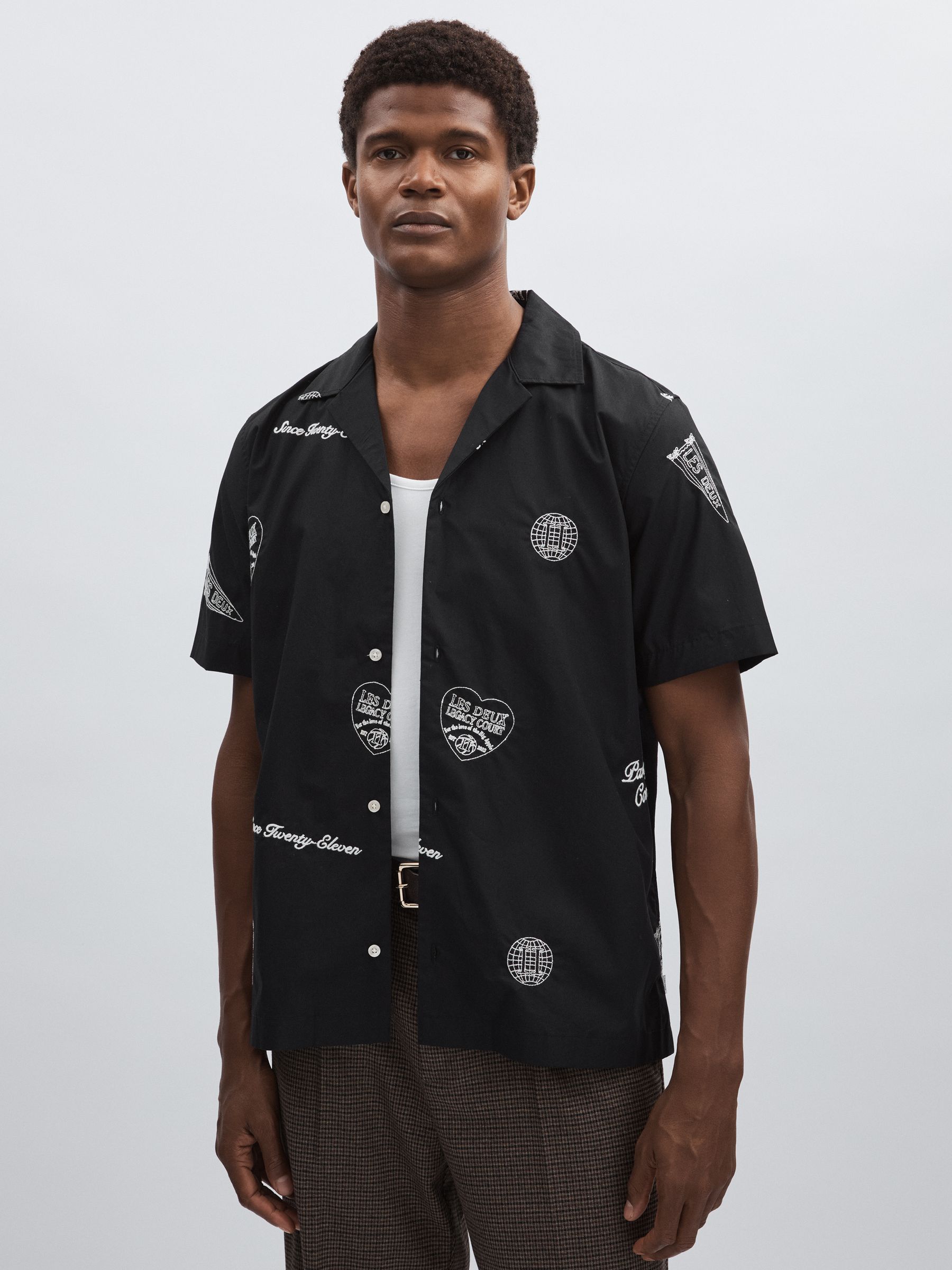 Les Deux Cotton Embroidered Shirt in Black Print - Image 1 of 5