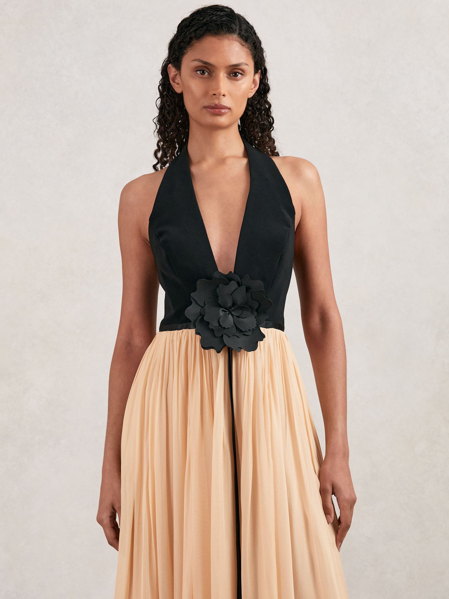Halston Crepe and Chiffon Maxi Dress in Black/Ivory - Image 3 of 7