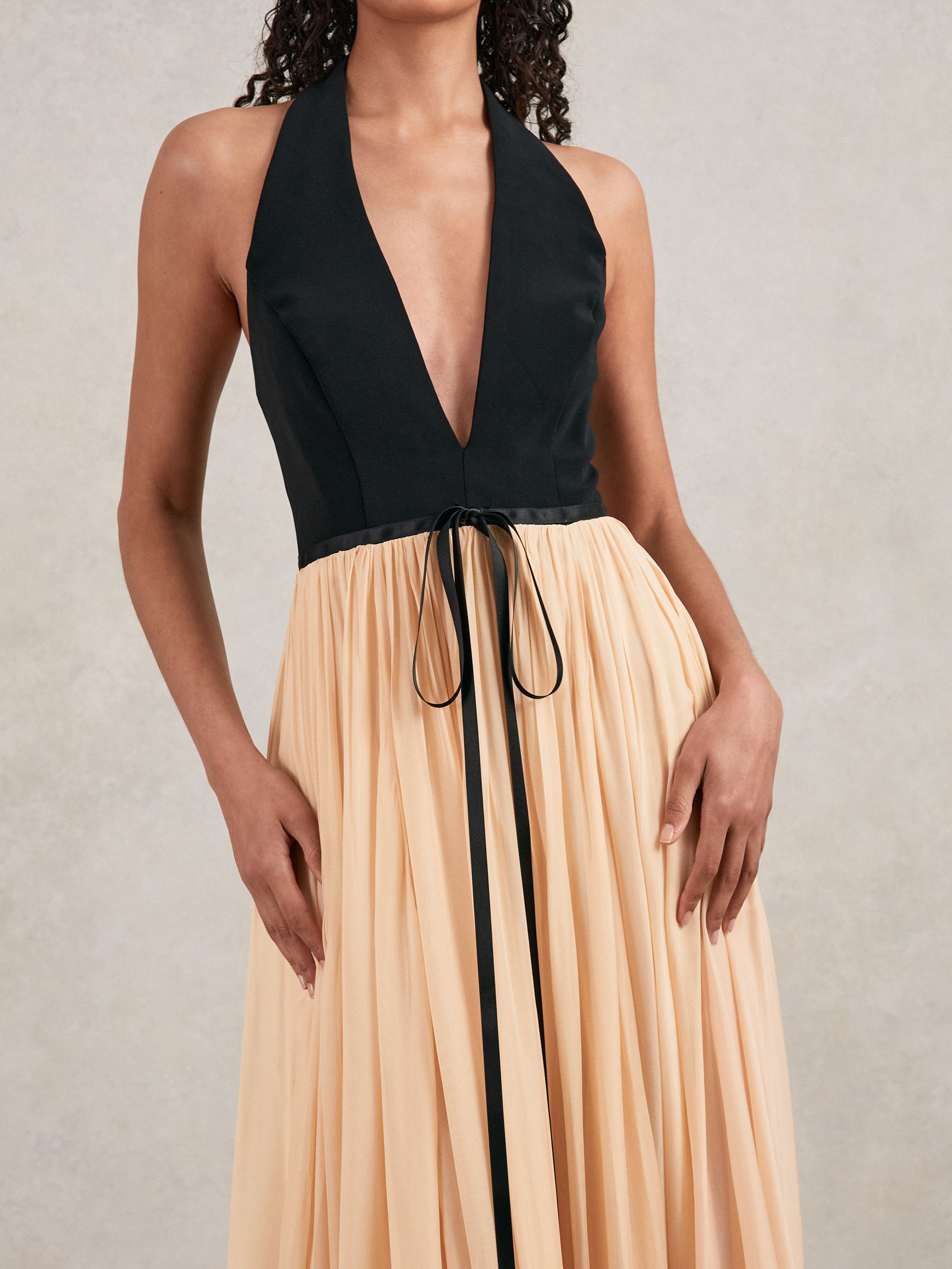 Halston Crepe and Chiffon Maxi Dress in Black/Ivory - Image 4 of 7