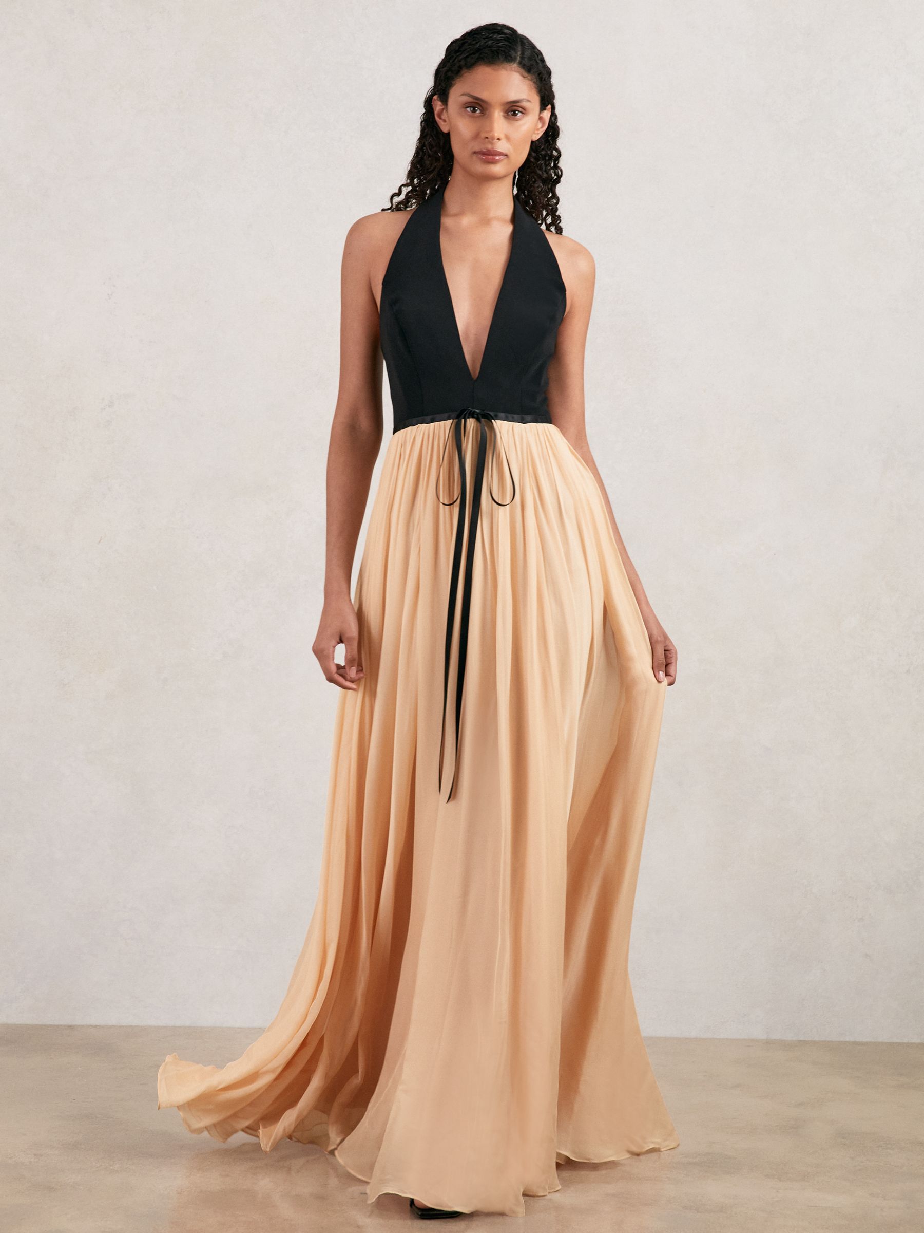 Reiss Halston Crepe and Chiffon Maxi Dress in Black/Ivory | REISS Reiss Halston Crepe and Chiffon Maxi Dress in Black/Ivory | REISS
