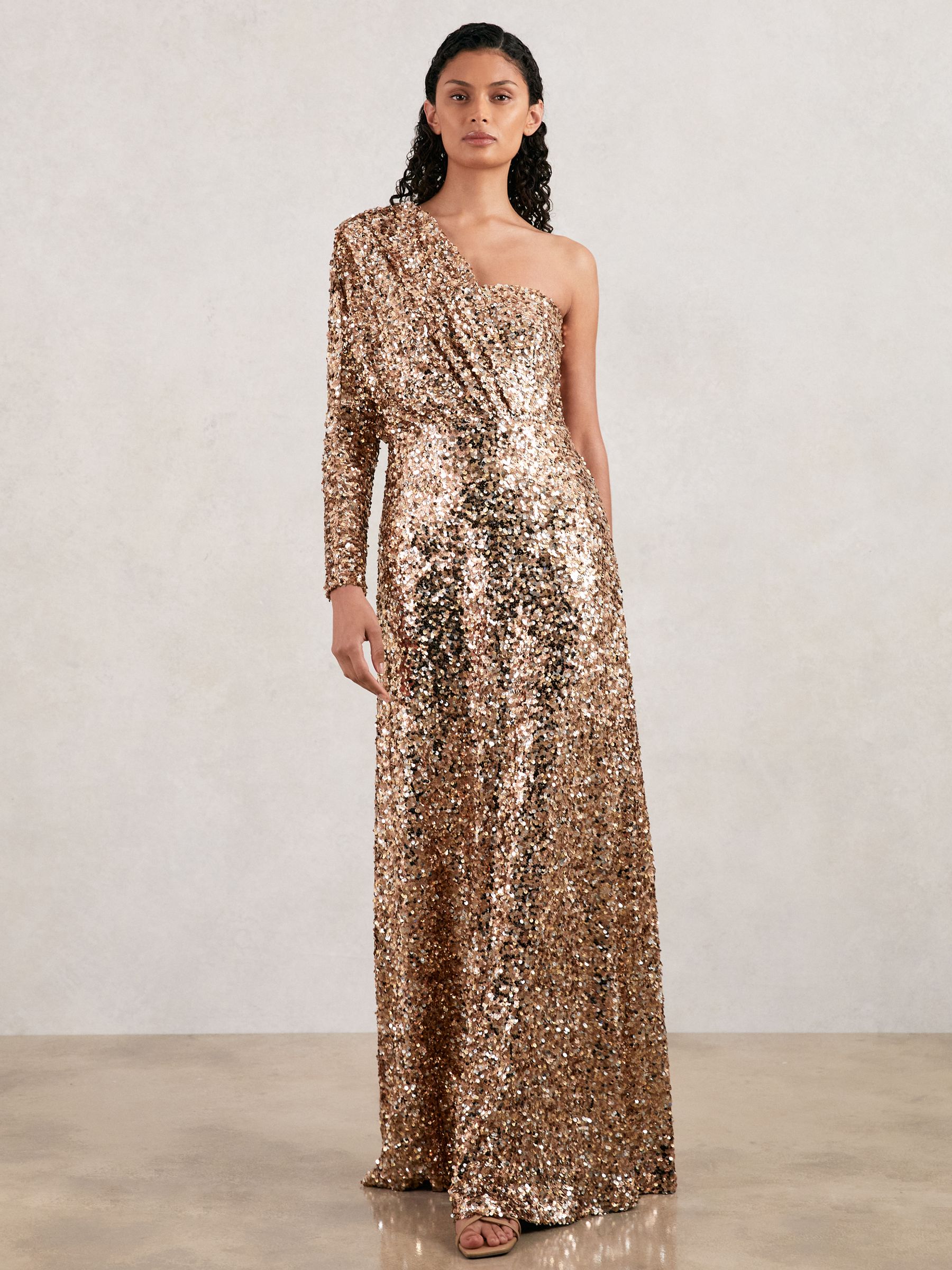 Halston Sequin One Shoulder Maxi Dress in Gold - Image 1 of 5