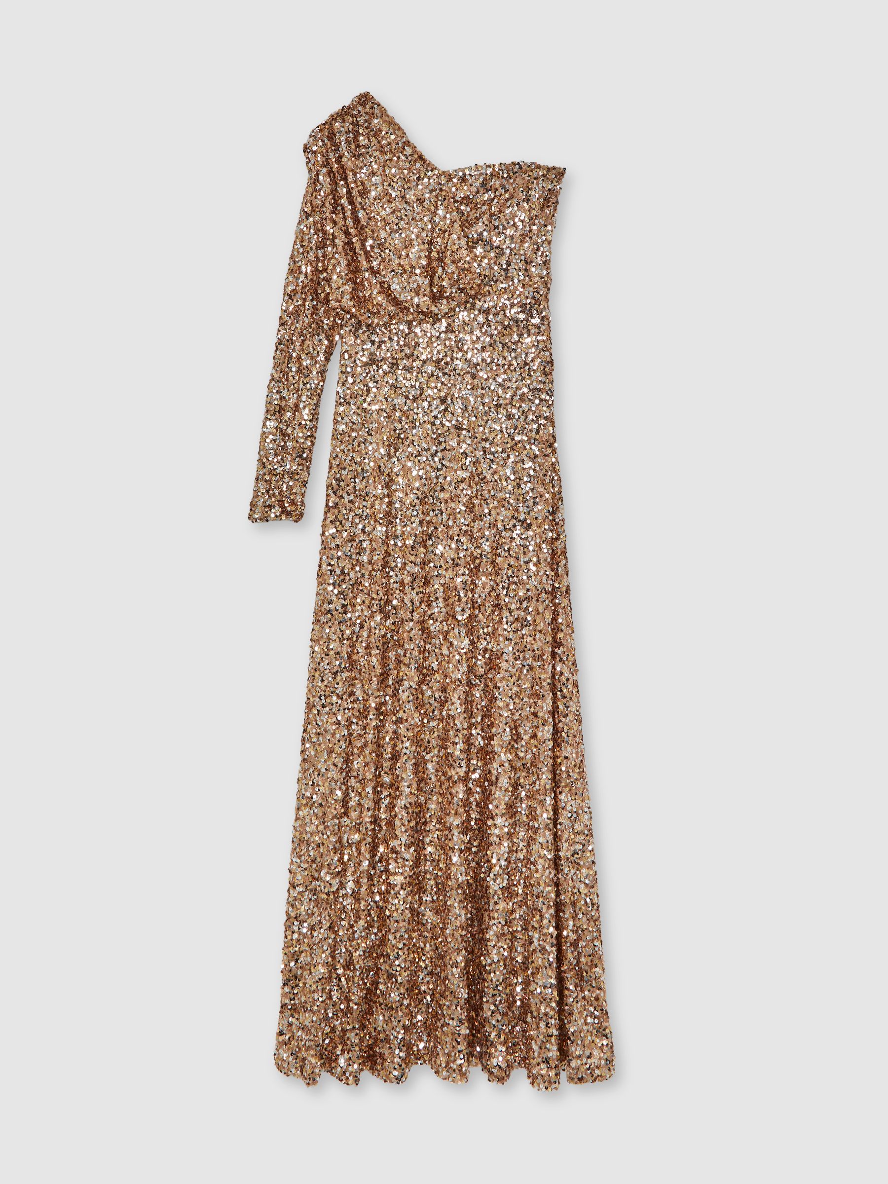 Halston Sequin One Shoulder Maxi Dress in Gold - Image 2 of 5