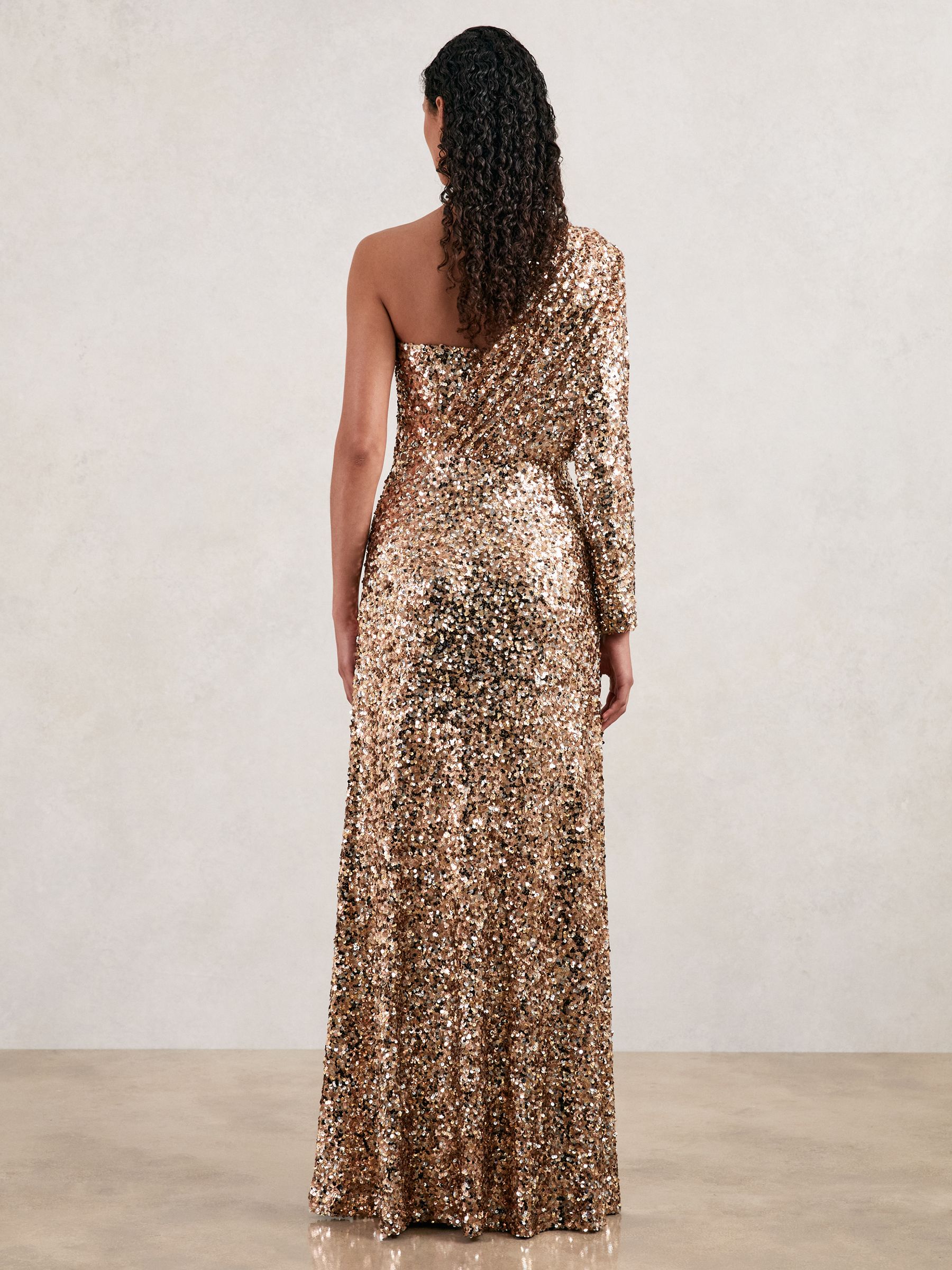 Halston Sequin One Shoulder Maxi Dress in Gold - Image 4 of 5