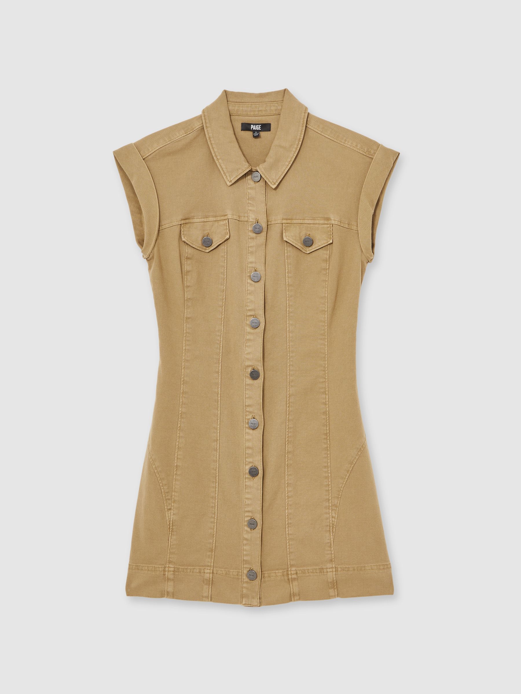 Paige Fern Beige Denim Button Through Mini Dress in Fern Beige - Image 2 of 6