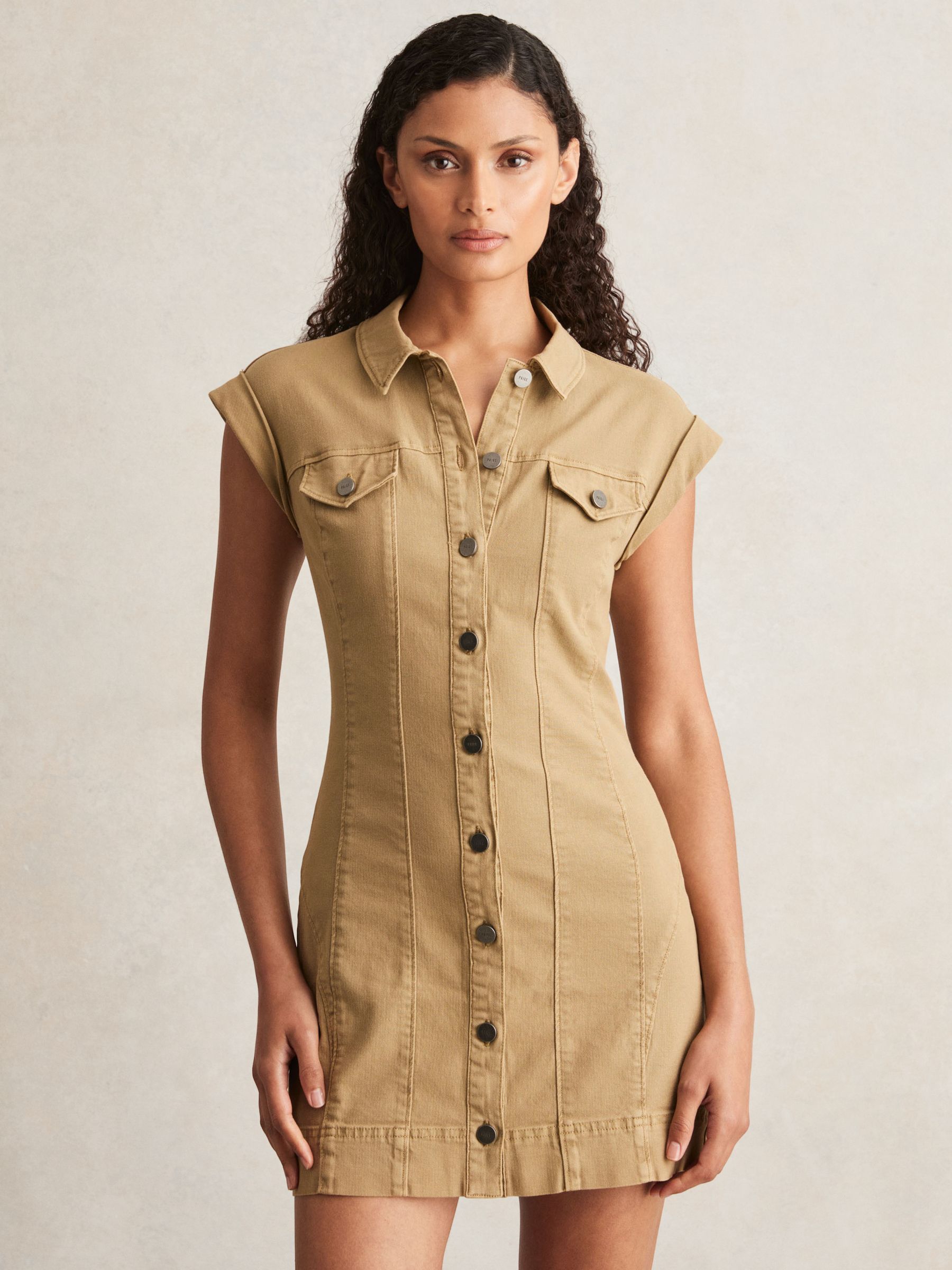 Paige Fern Beige Denim Button Through Mini Dress in Fern Beige - Image 3 of 6